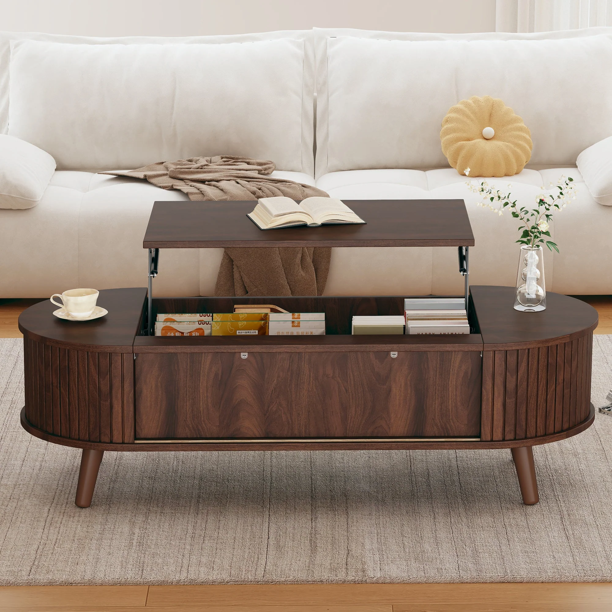 Coffee Table, Liftable with Hidden Storage & 5 Shelves, Walnut - Image 2
