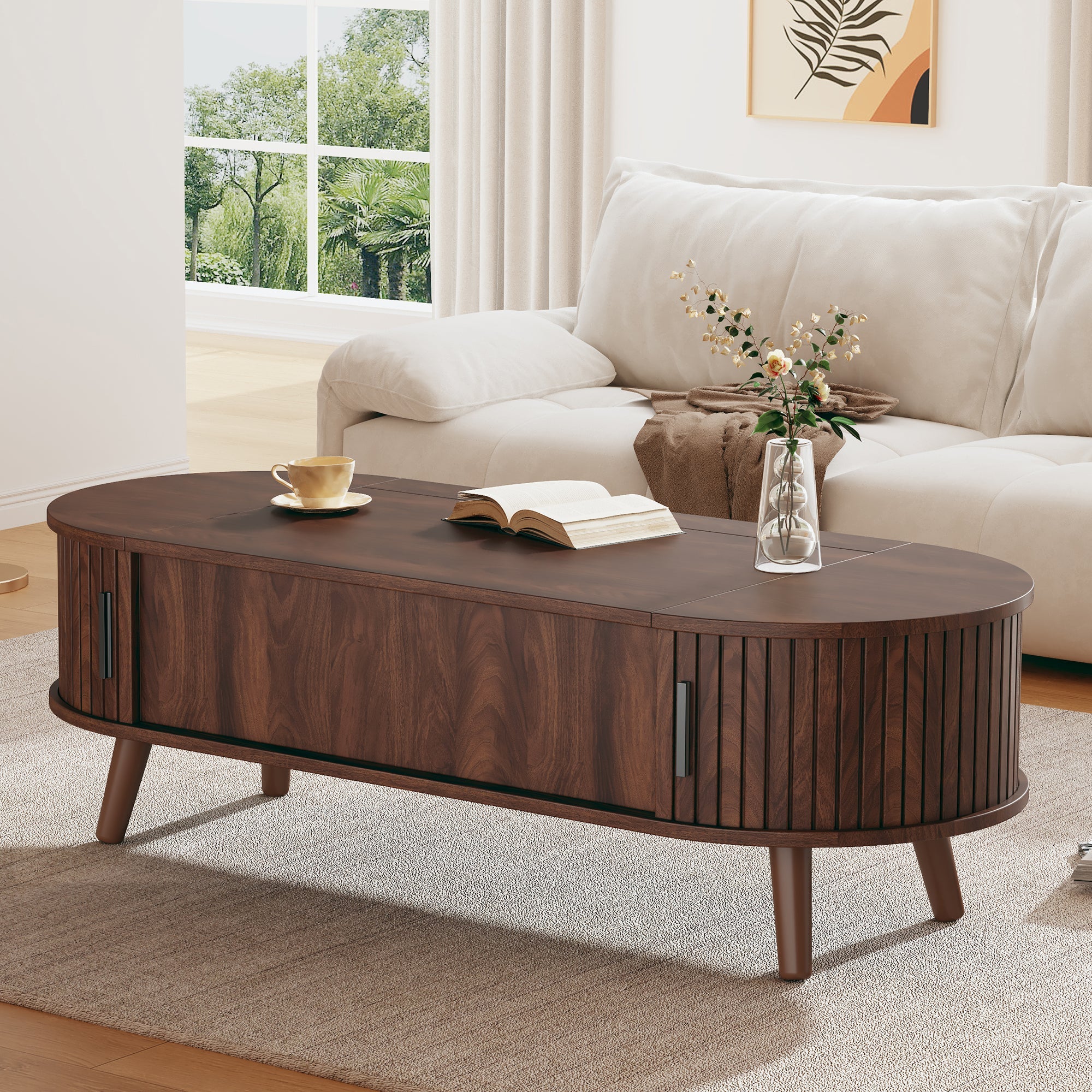 Coffee Table, Liftable with Hidden Storage & 5 Shelves, Walnut - Image 3