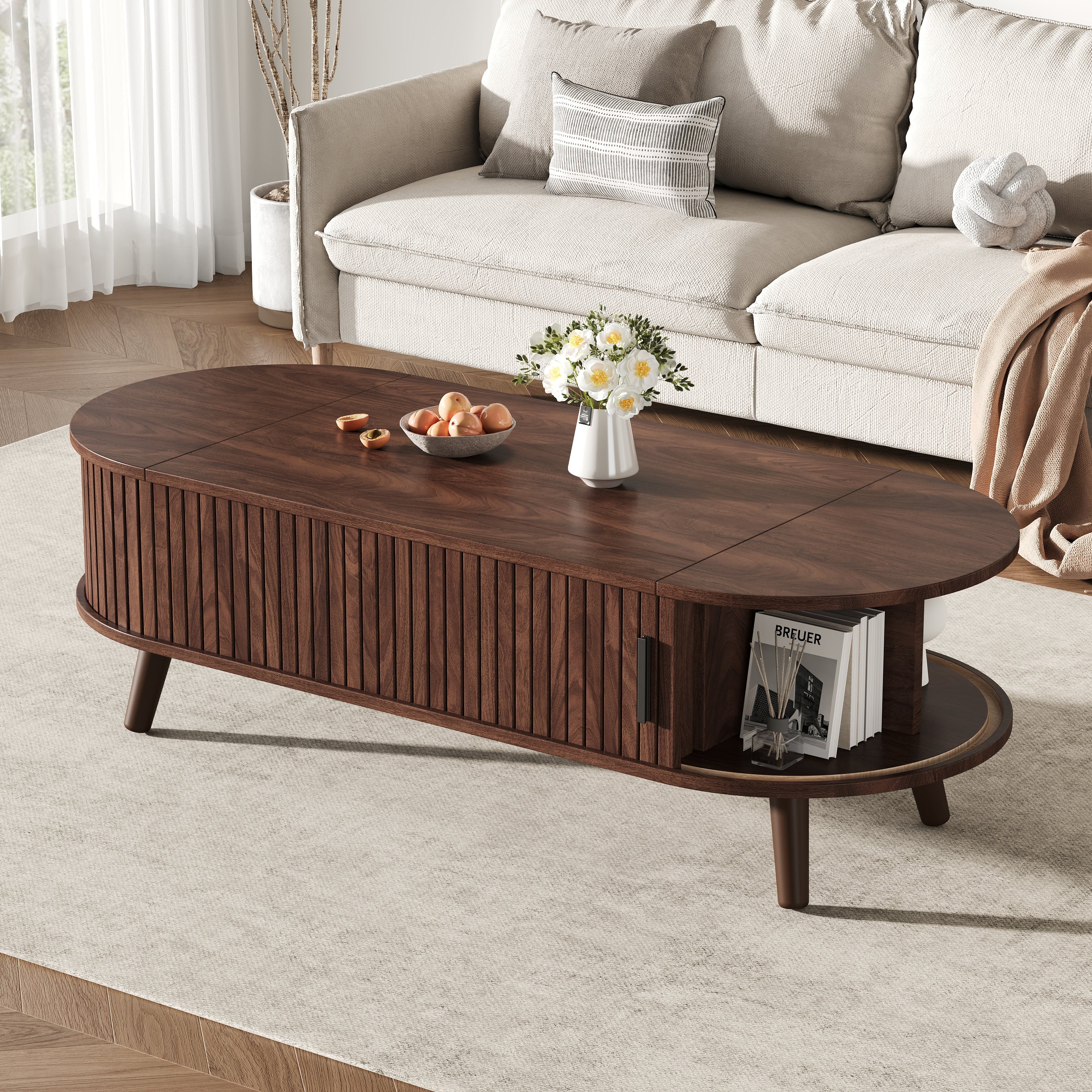 Coffee Table, Liftable with Hidden Storage & 5 Shelves, Walnut - Image 4