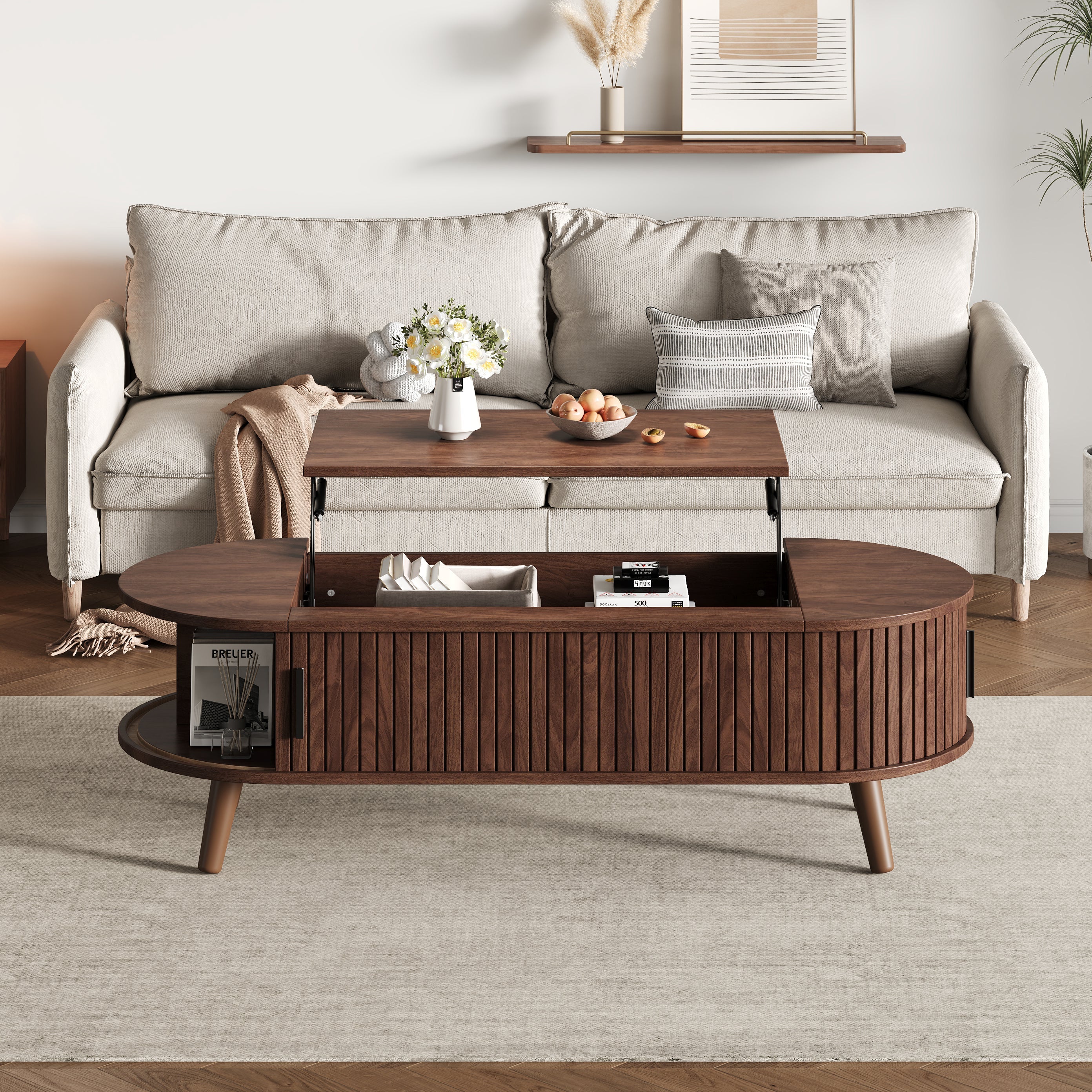 Coffee Table, Liftable with Hidden Storage & 5 Shelves, Walnut - Image 5