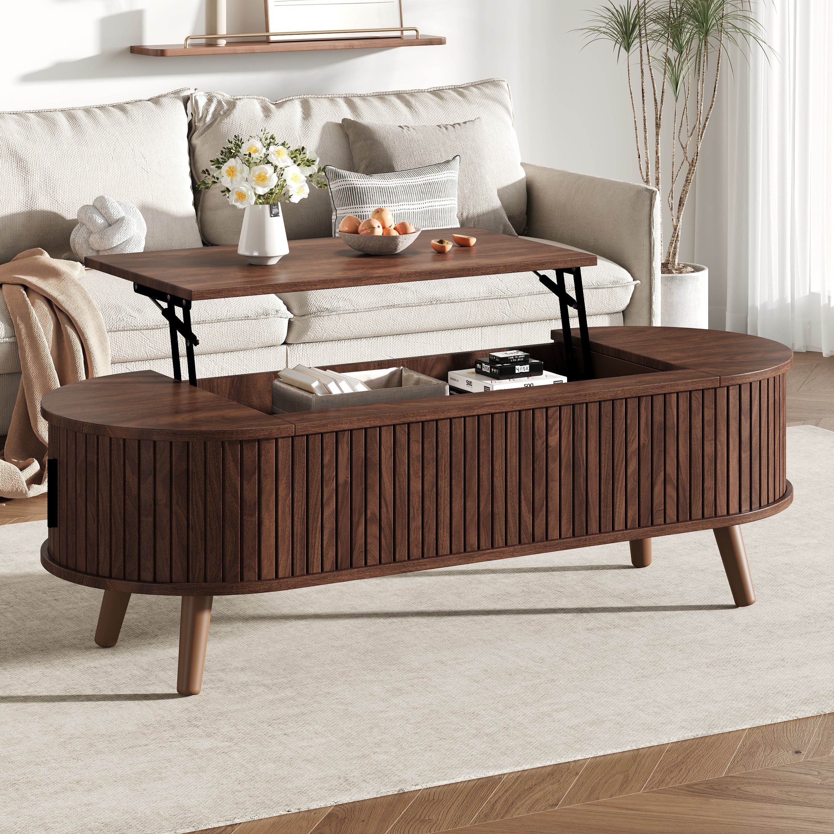 Coffee Table, Liftable with Hidden Storage & 5 Shelves, Walnut - Image 6