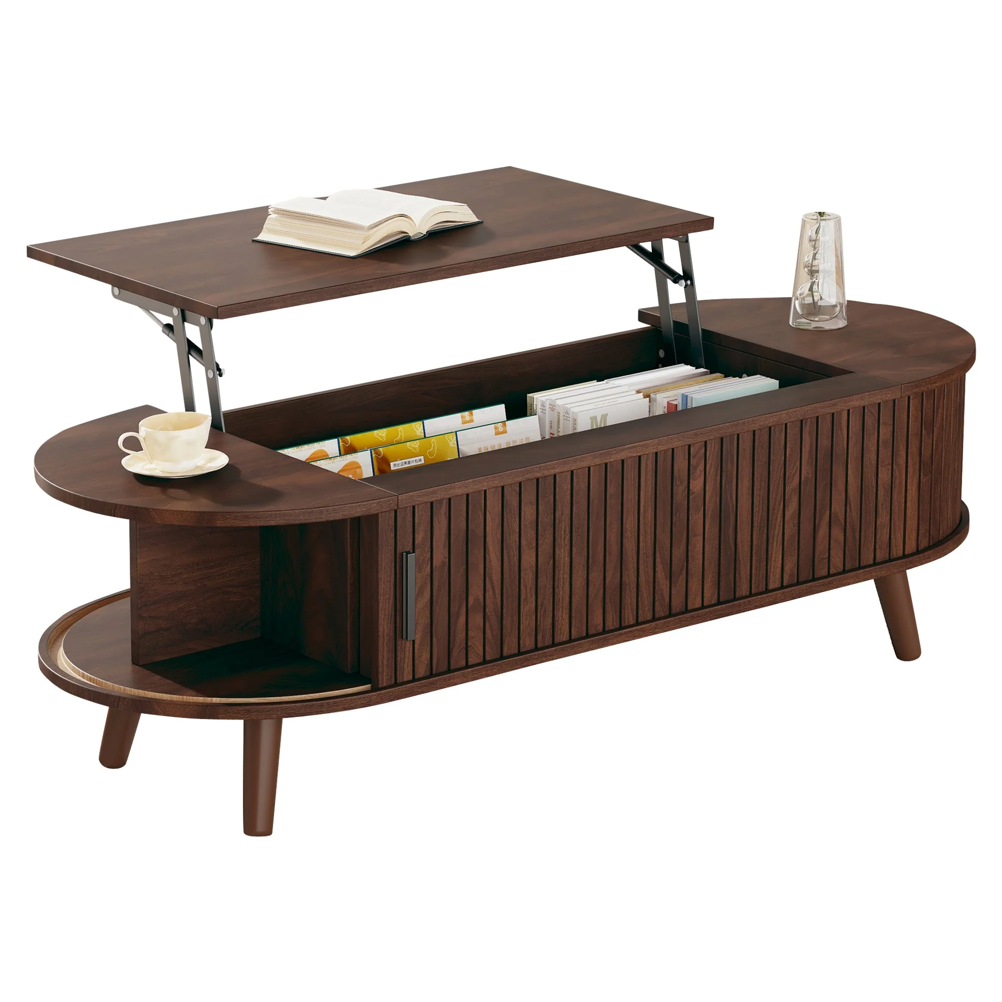 Coffee Table, Liftable with Hidden Storage & 5 Shelves, Walnut - Image 7