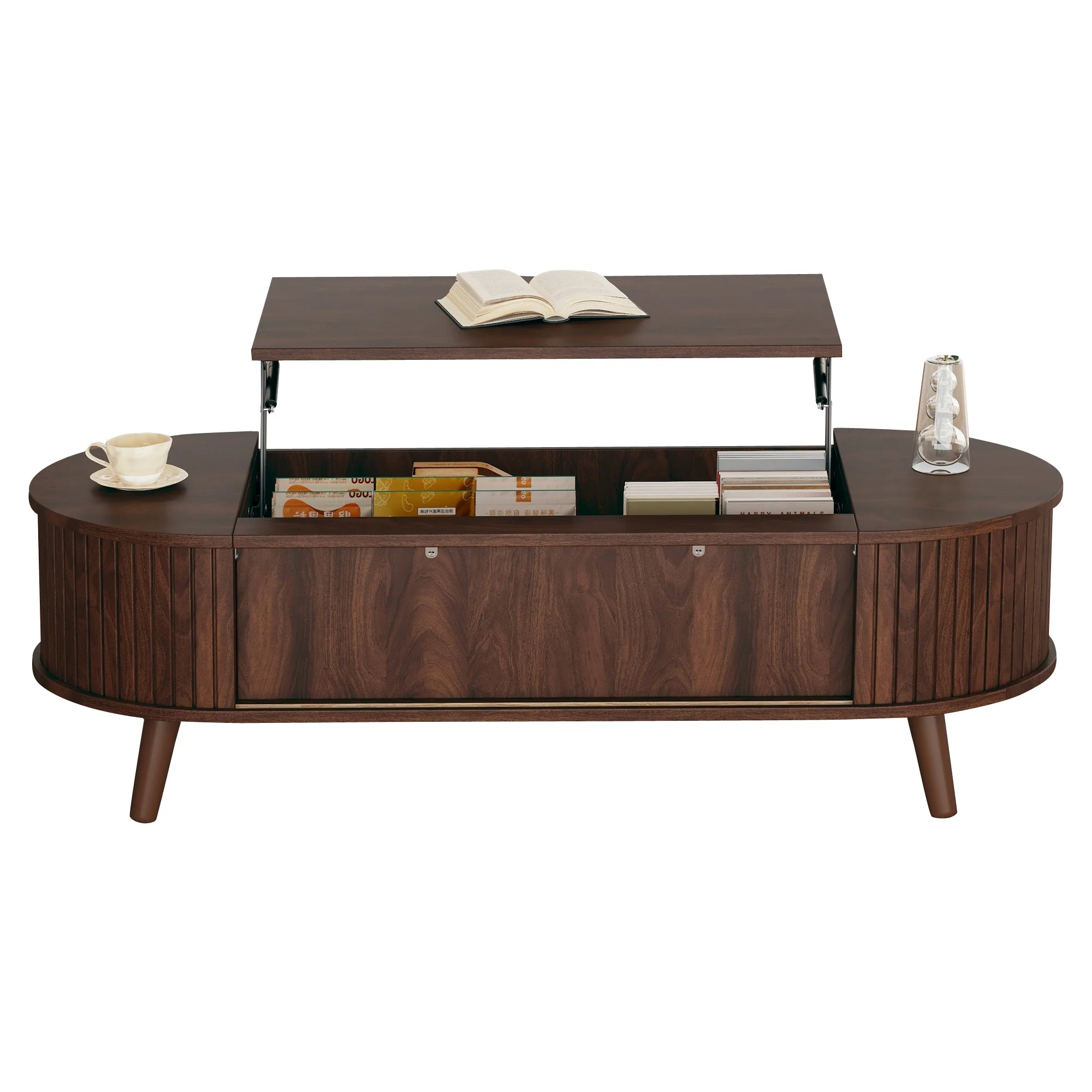 Coffee Table, Liftable with Hidden Storage & 5 Shelves, Walnut - Image 8