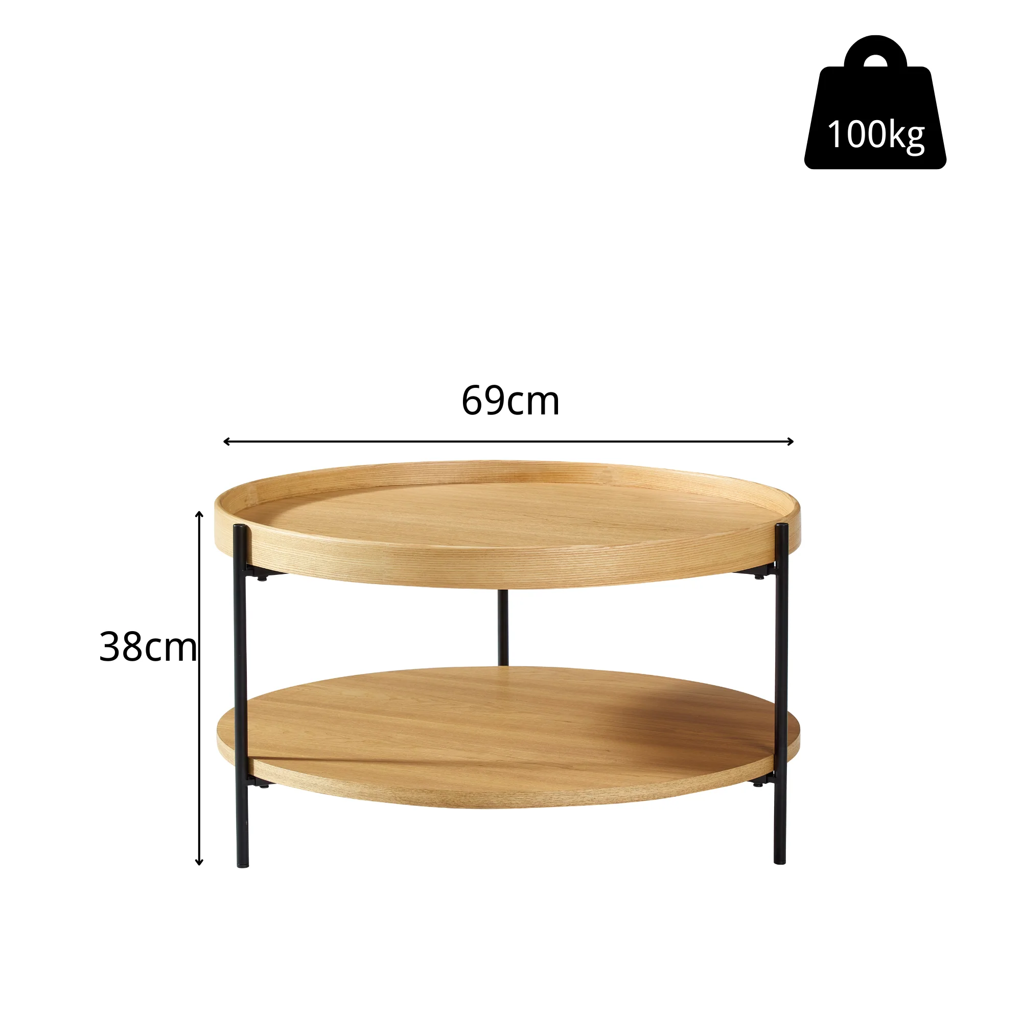 Coffee Table Modern 2-Tier Round Tray Wood & Iron - Image 5