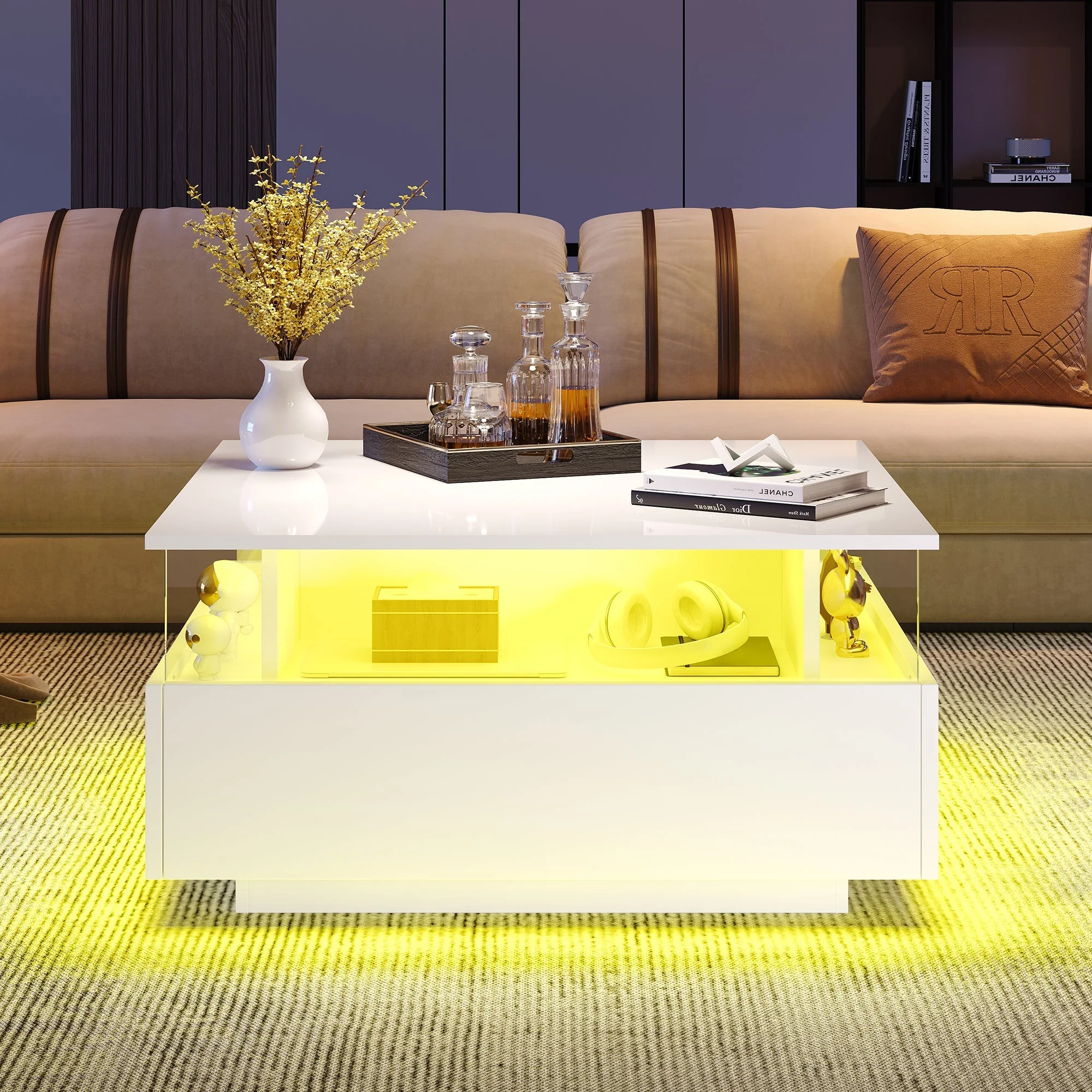 Coffee Table, Modern High-Gloss LED with 2 Drawers, Glass - Image 2