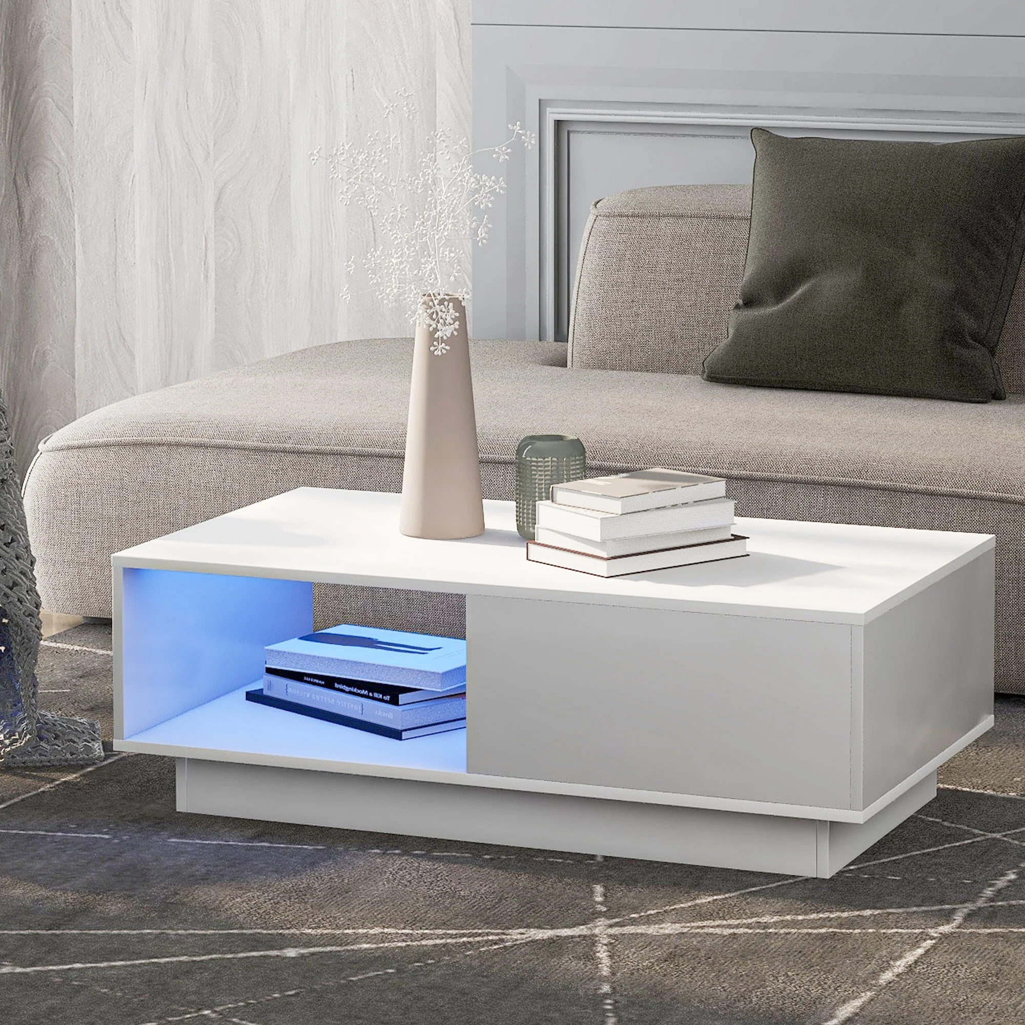 Coffee Table, Modern High Gloss Rectangular Living Room Table with LED Light, White