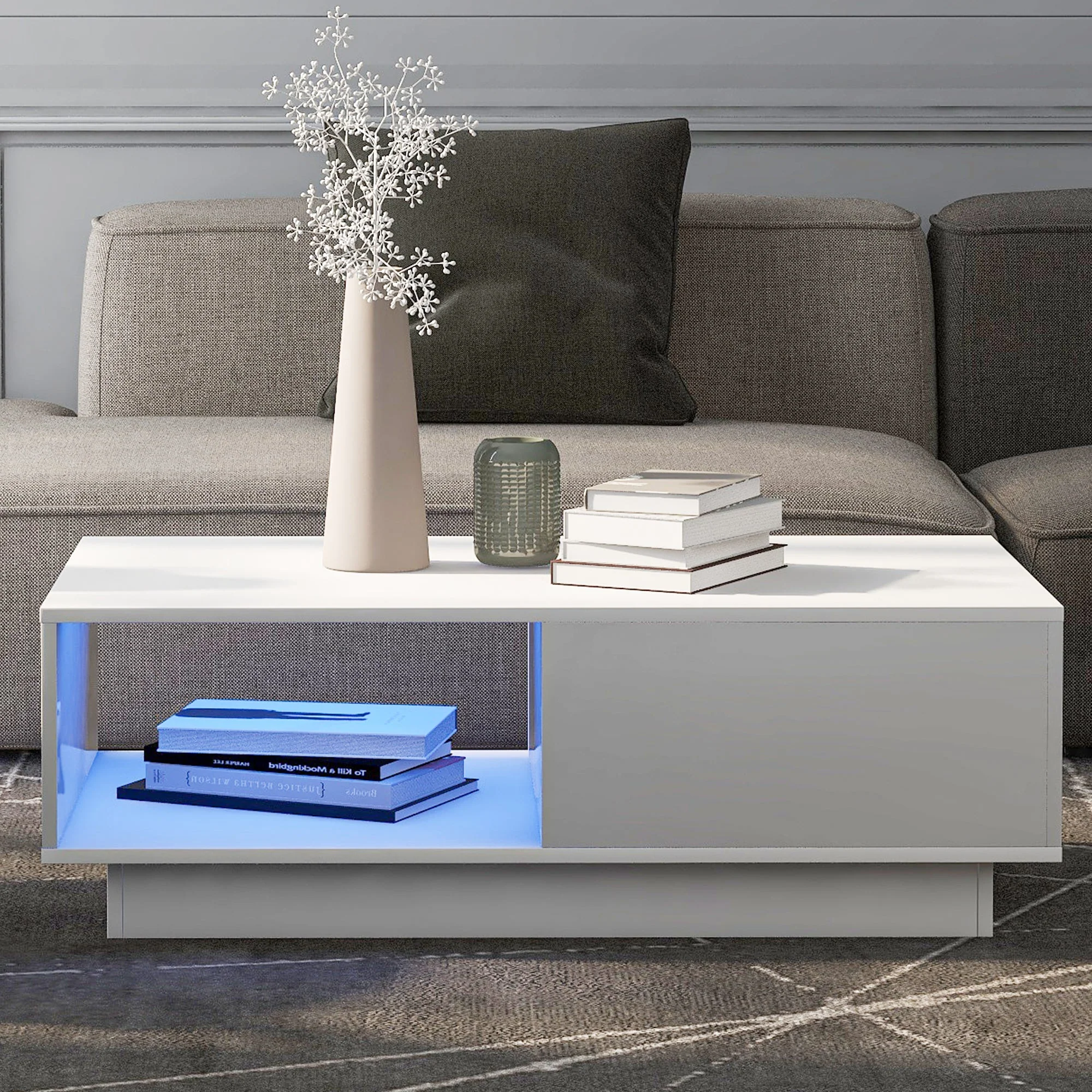 Coffee Table, Modern High Gloss Rectangular Living Room Table with LED Light, White - Image 2