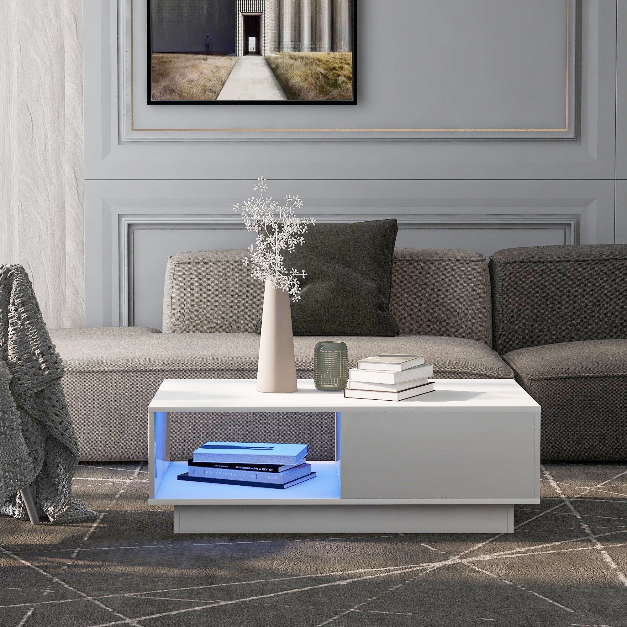 Coffee Table, Modern High Gloss Rectangular Living Room Table with LED Light, White - Image 3