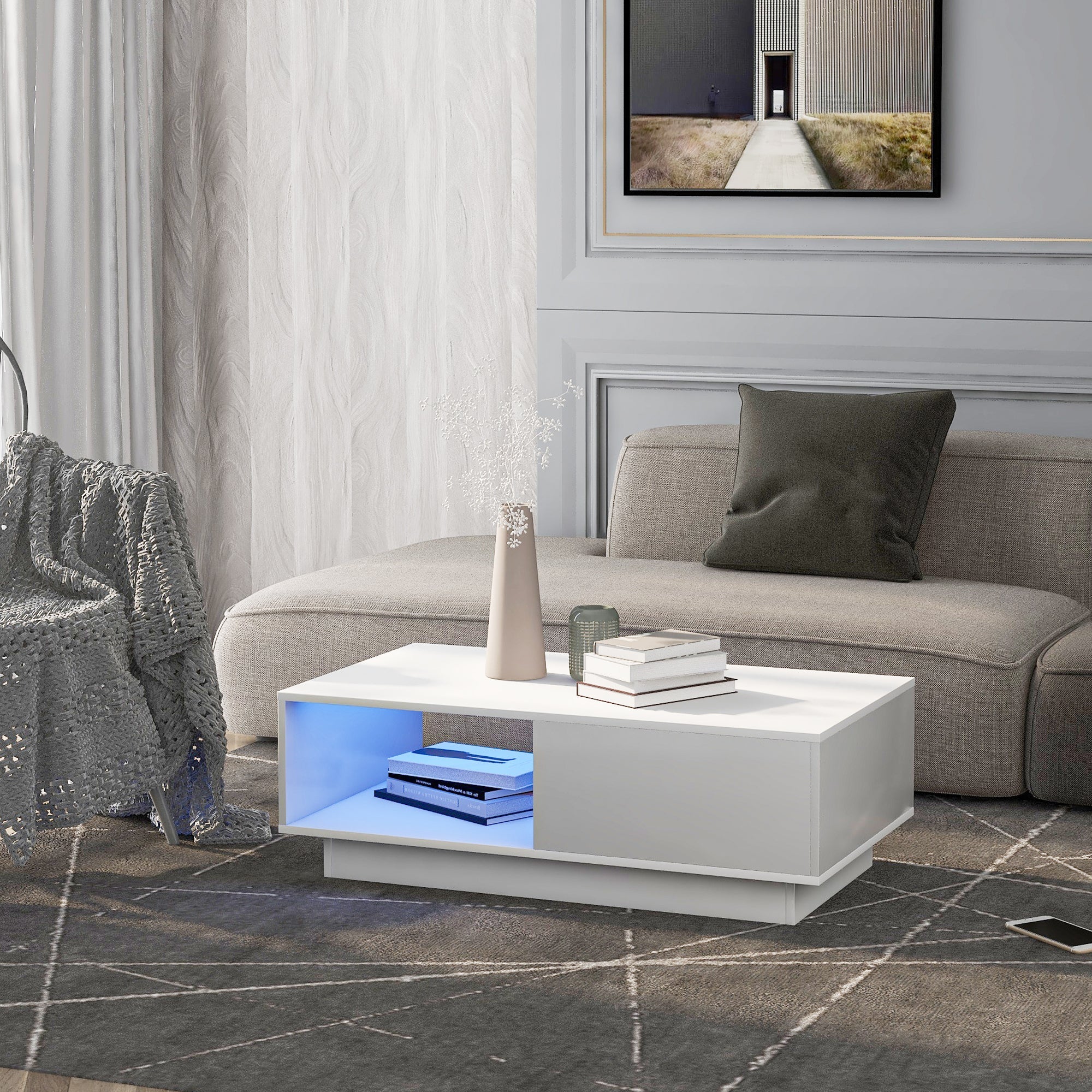 Coffee Table, Modern High Gloss Rectangular Living Room Table with LED Light, White - Image 4