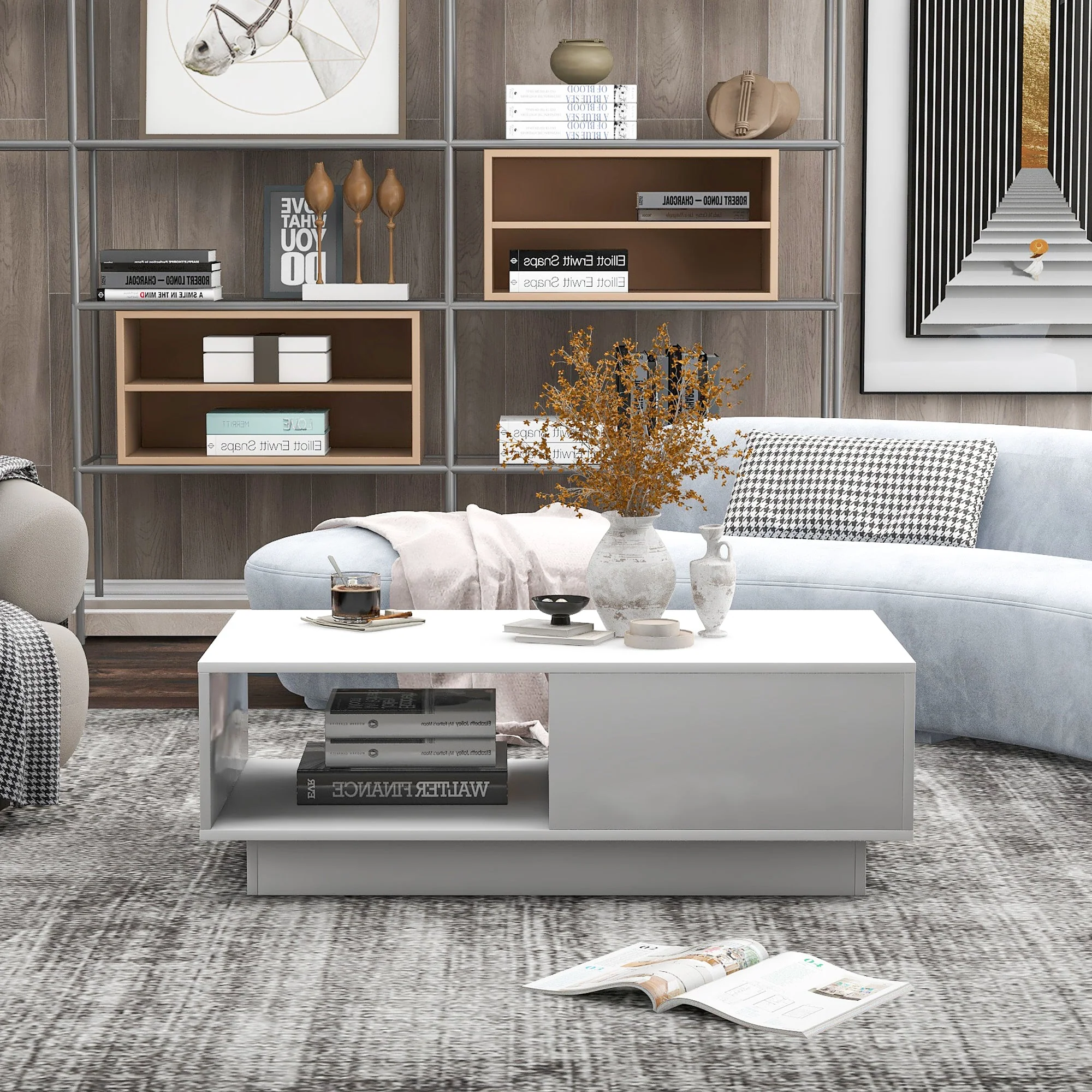 Coffee Table, Modern High Gloss Rectangular Living Room Table with LED Light, White - Image 5