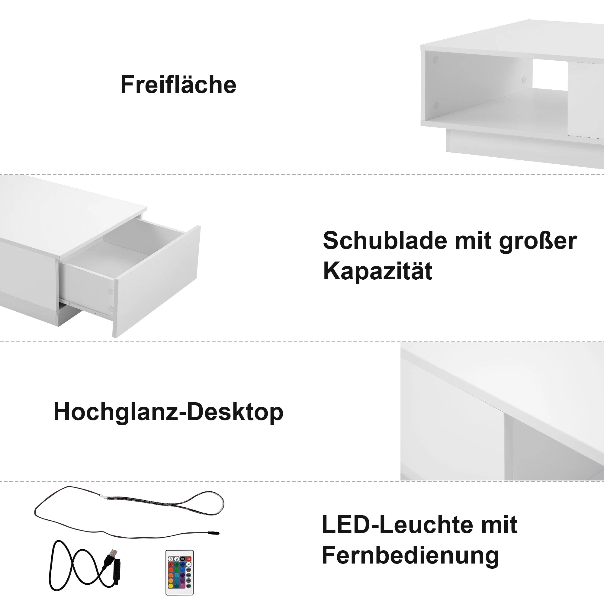 Coffee Table, Modern High Gloss Rectangular Living Room Table with LED Light, White - Image 7
