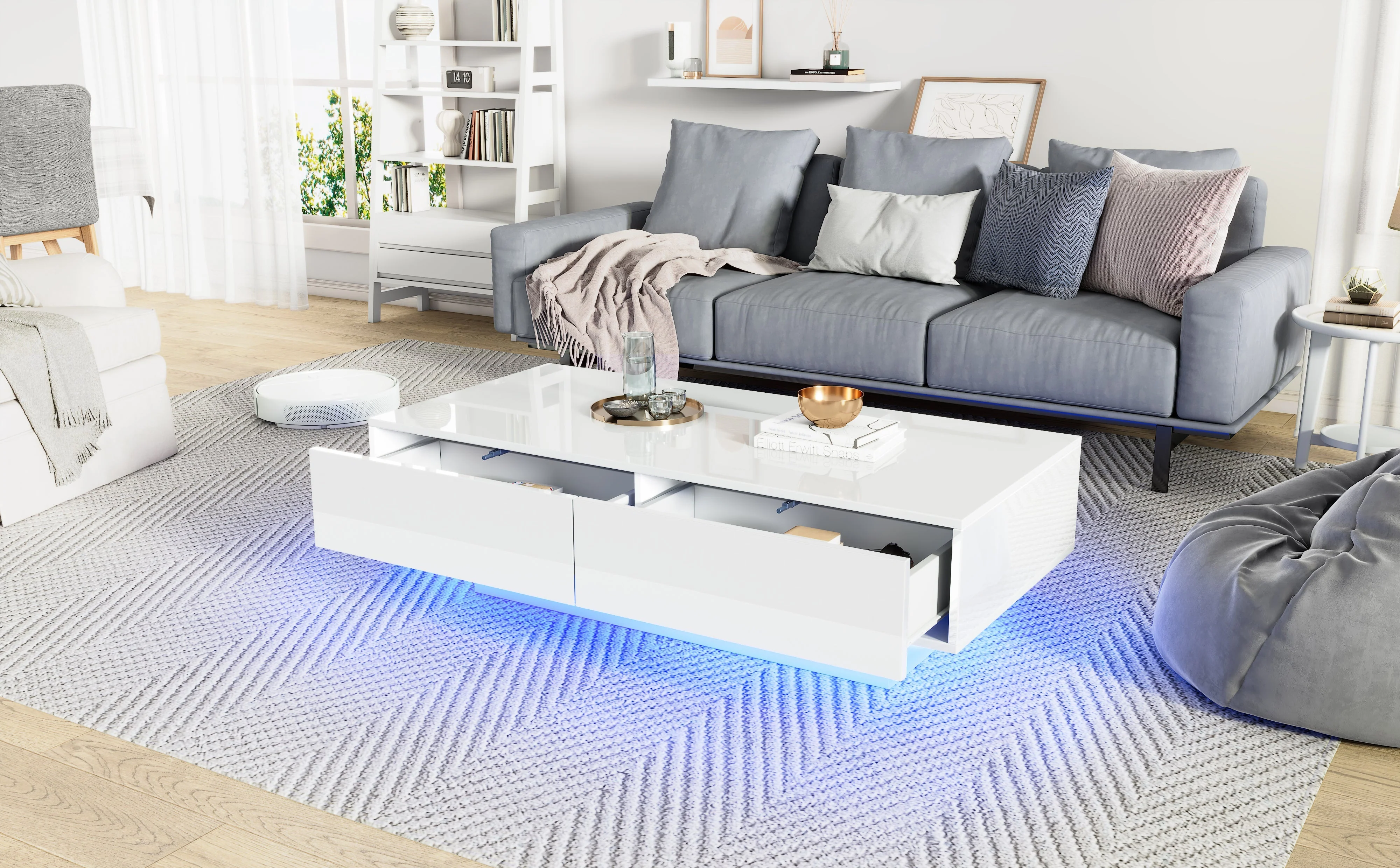 Coffee Table, Modern High-Gloss with 2 Drawers, LED Lighting, White - Image 4