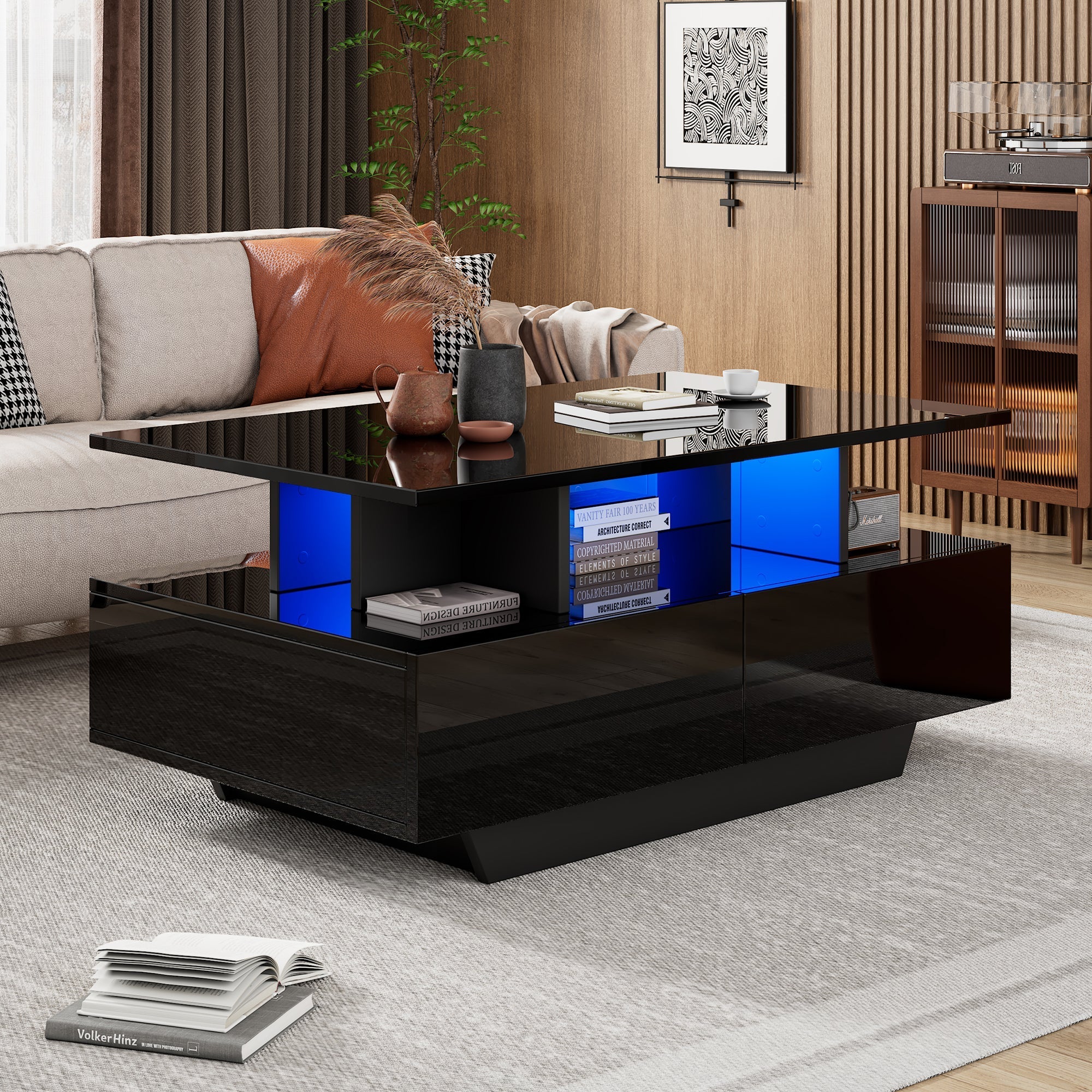 Coffee Table, Modern High-Gloss with LED & 2 Drawers, White - Image 2