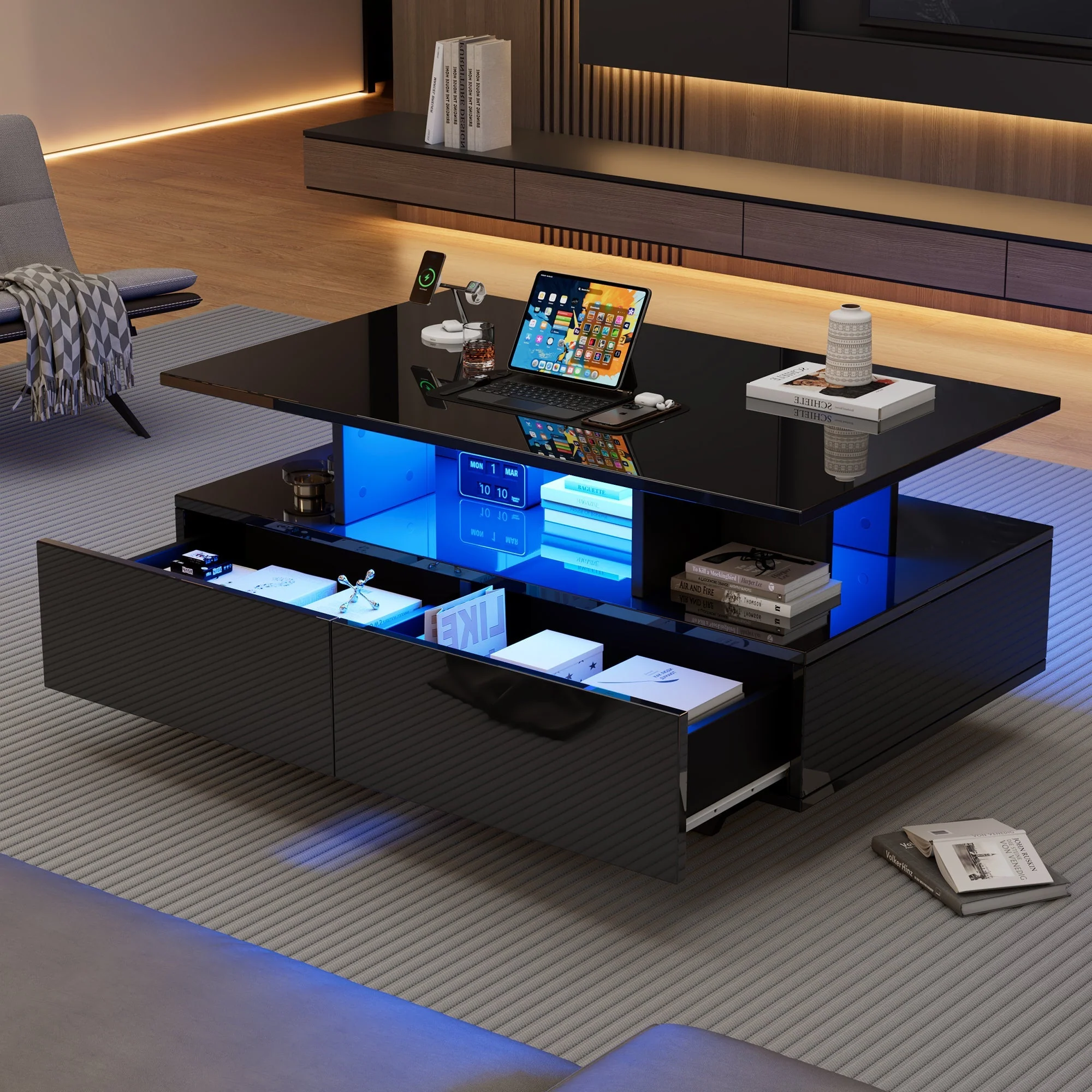 Coffee Table, Modern High-Gloss with LED & 2 Drawers, White - Image 5