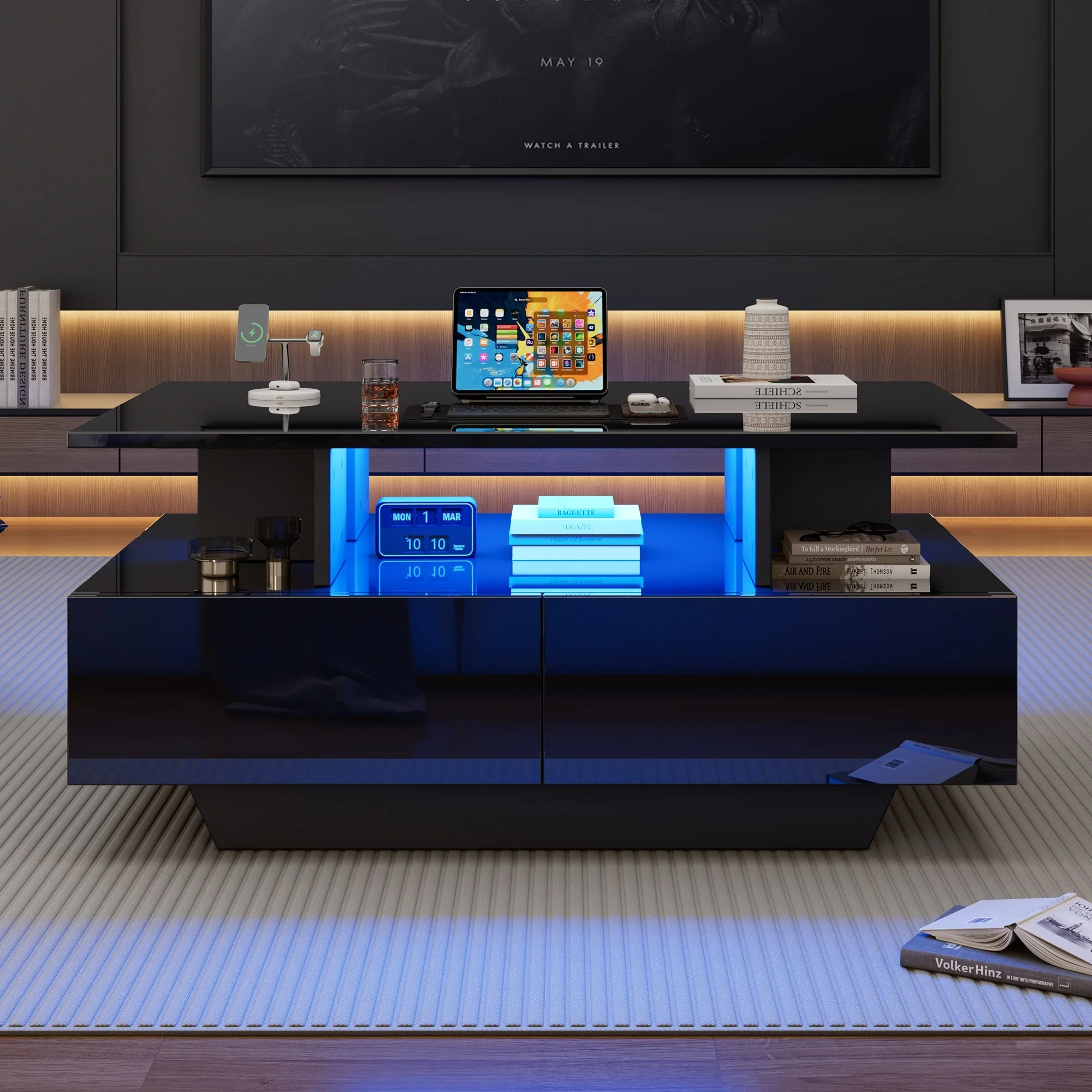 Coffee Table, Modern High-Gloss with LED & 2 Drawers, White - Image 6