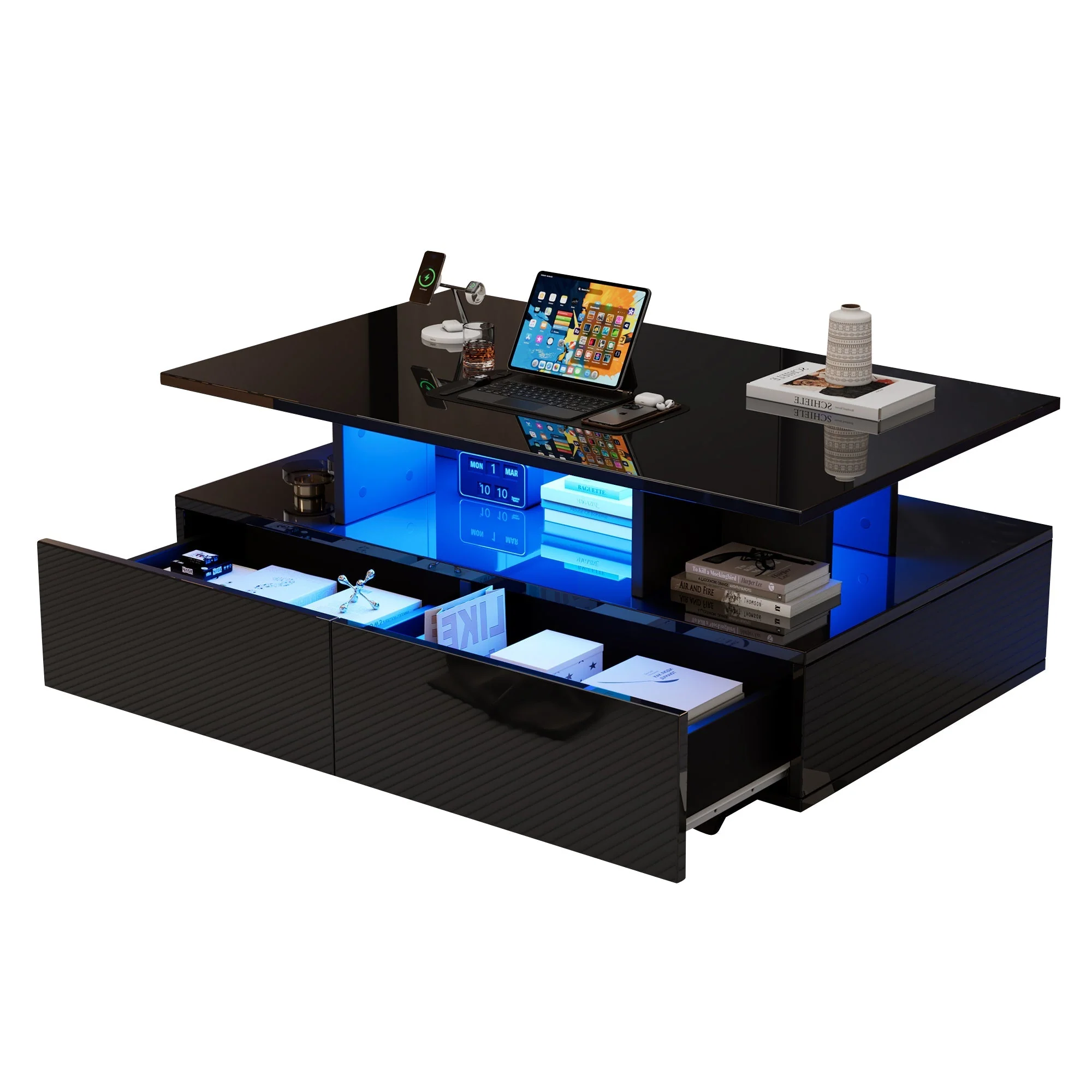 Coffee Table, Modern High-Gloss with LED & 2 Drawers, White - Image 8