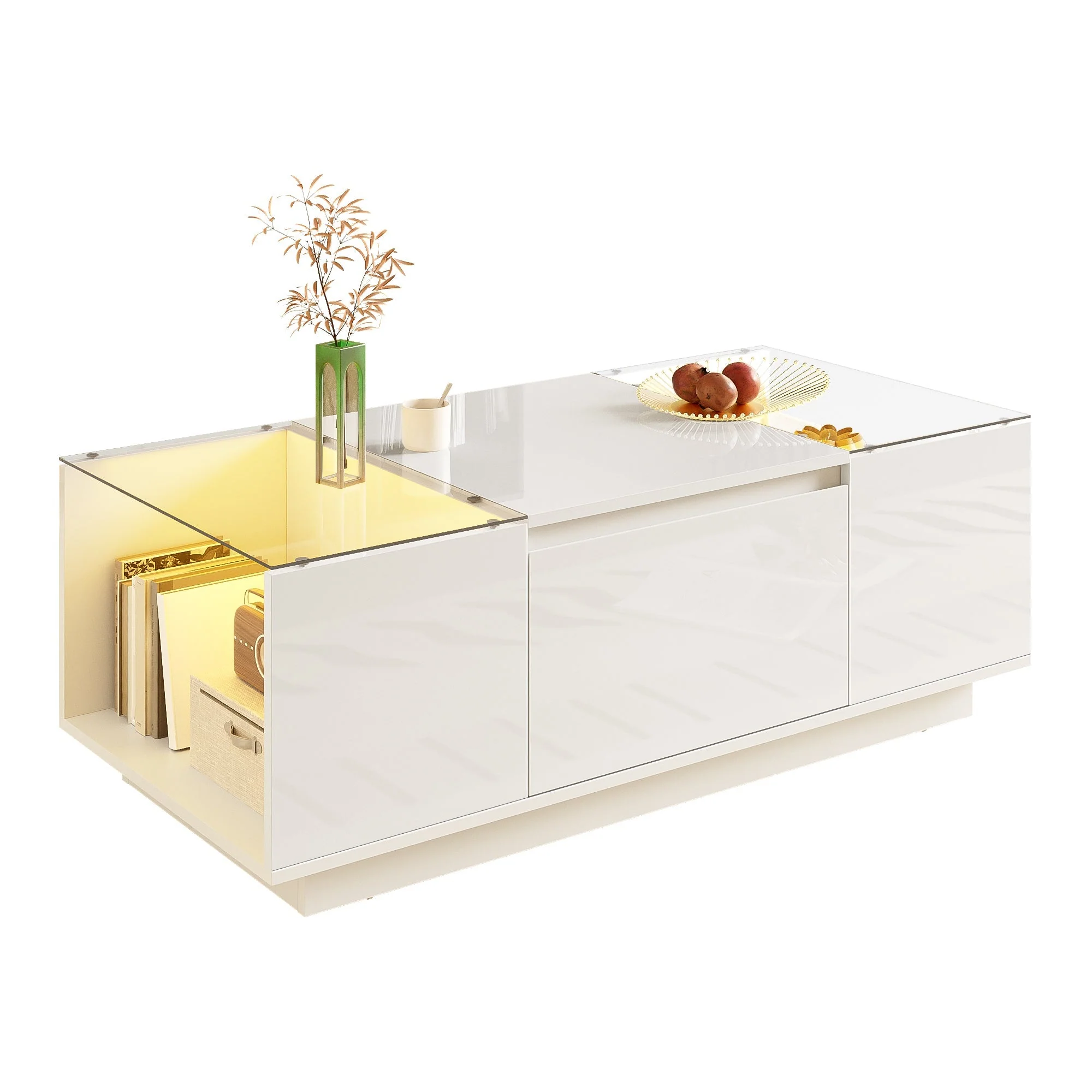 Coffee Table Modern Minimalist 105cm, Storage, LED, Glass Top, 2 Drawers - Image 2