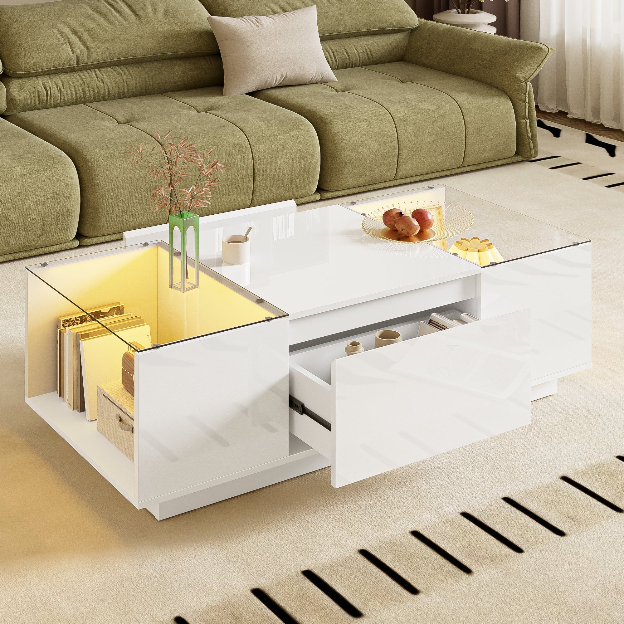 Coffee Table Modern Minimalist 105cm, Storage, LED, Glass Top, 2 Drawers - Image 3