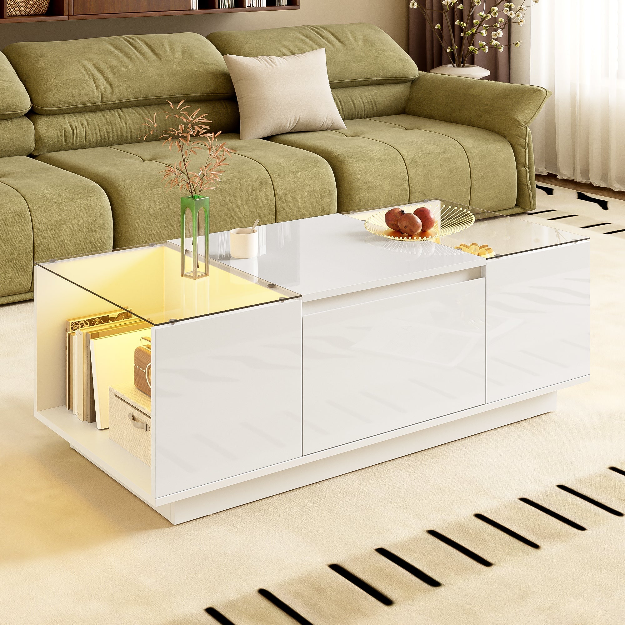 Coffee Table Modern Minimalist 105cm, Storage, LED, Glass Top, 2 Drawers - Image 5
