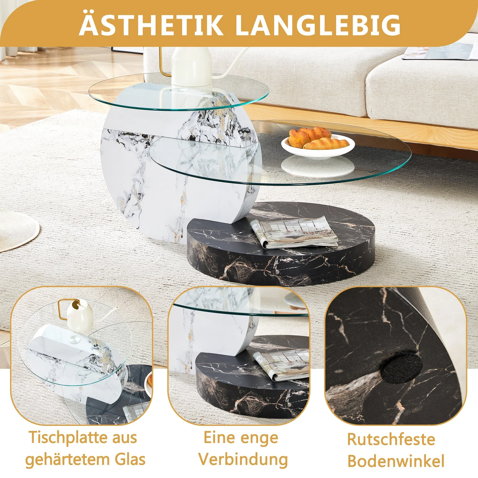 Coffee Table Modern Minimalist Two-Tiered Safety Glass Black and White Marble Effect - Image 6