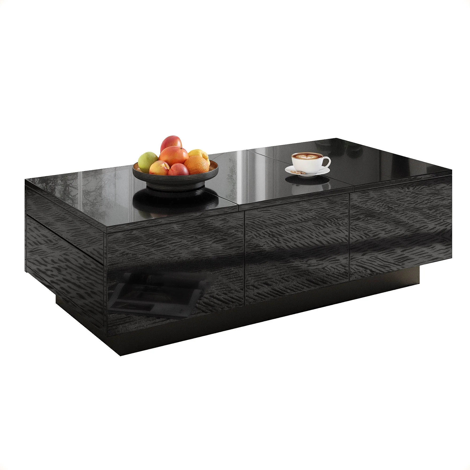 Coffee Table Modern Rectangular High-Gloss with Drawers Sliding Compartment Black - Image 2