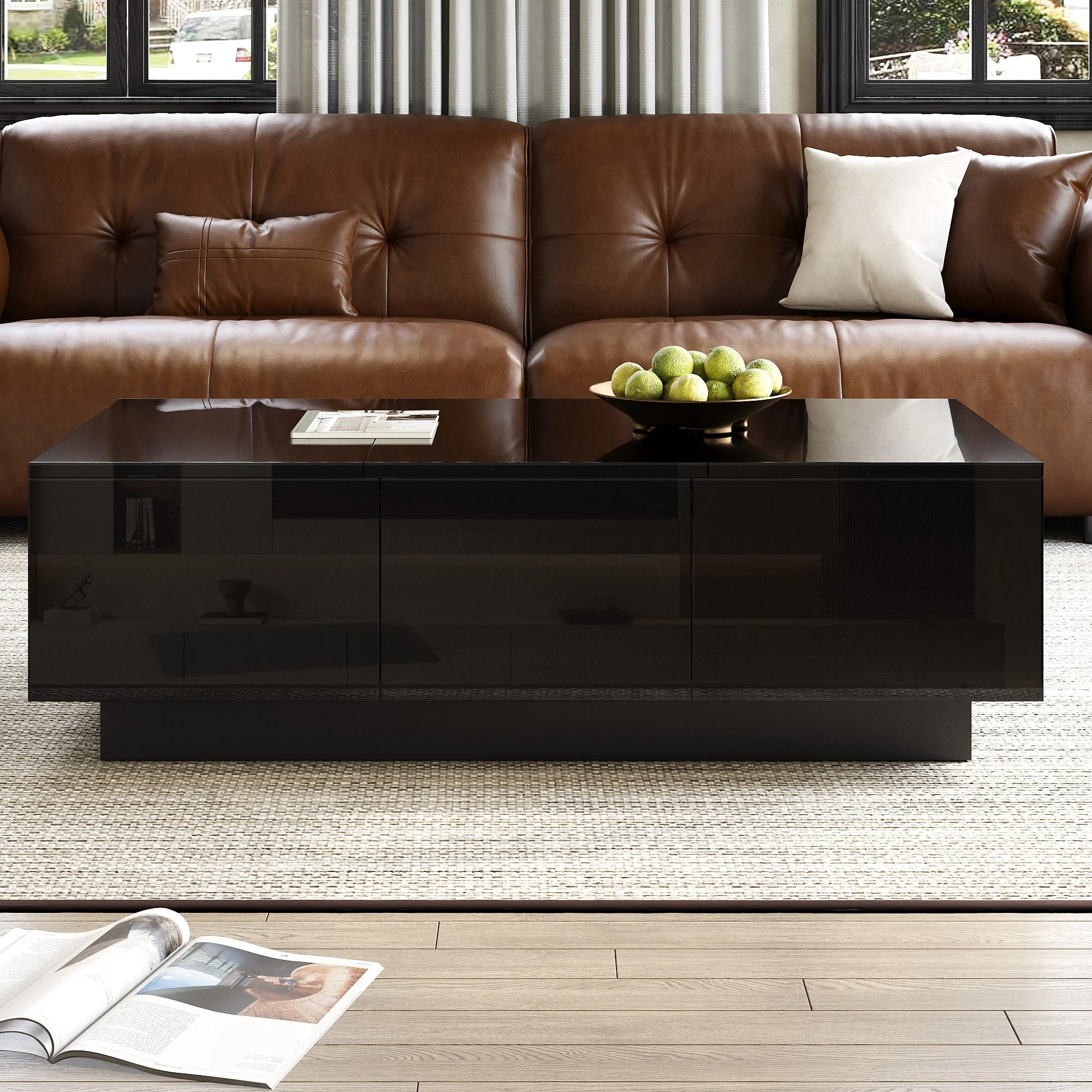 Coffee Table Modern Rectangular High-Gloss with Drawers Sliding Compartment Black - Image 9