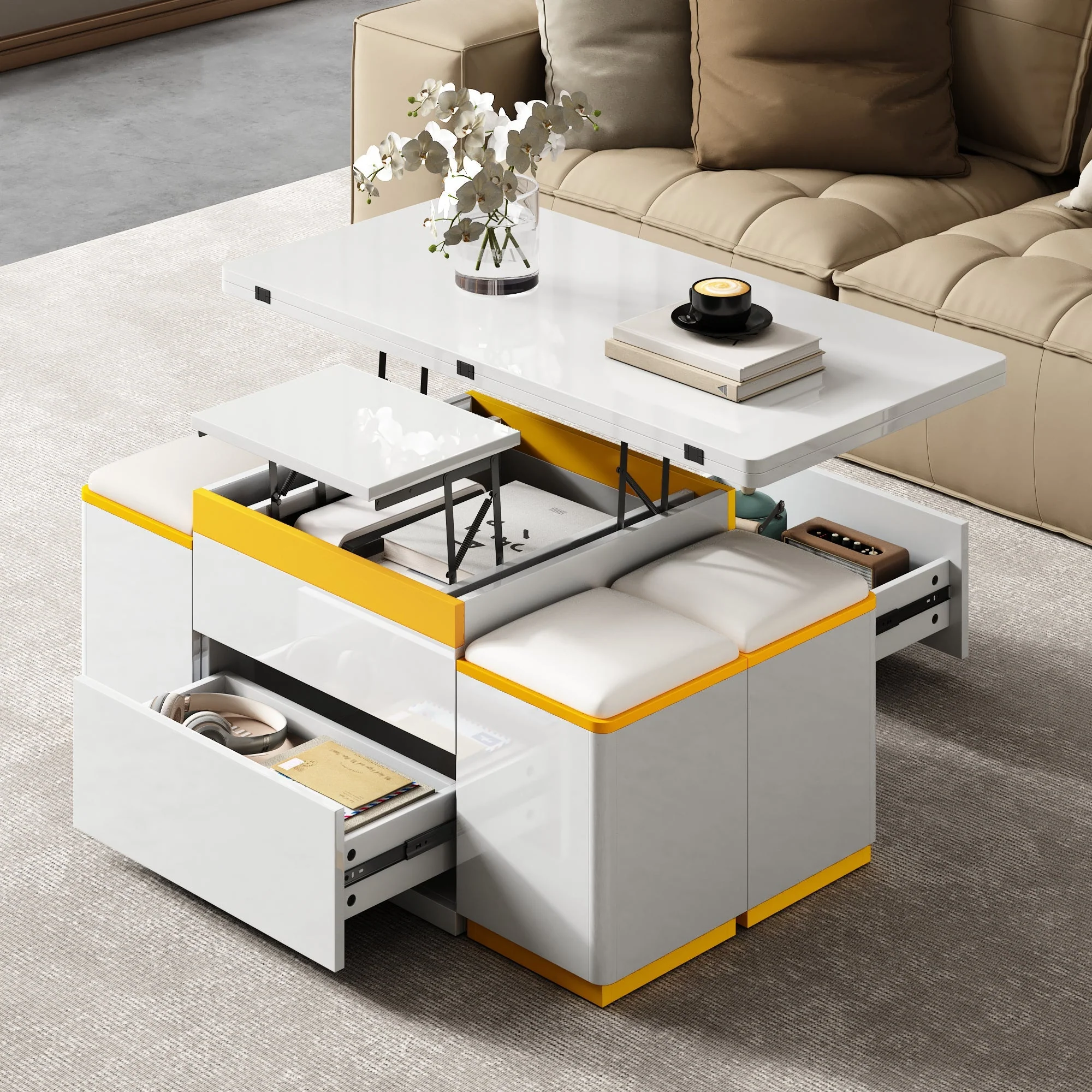 Coffee Table Multifunctional High-Gloss Adjustable Foldable Dining 100x50x43cm - White