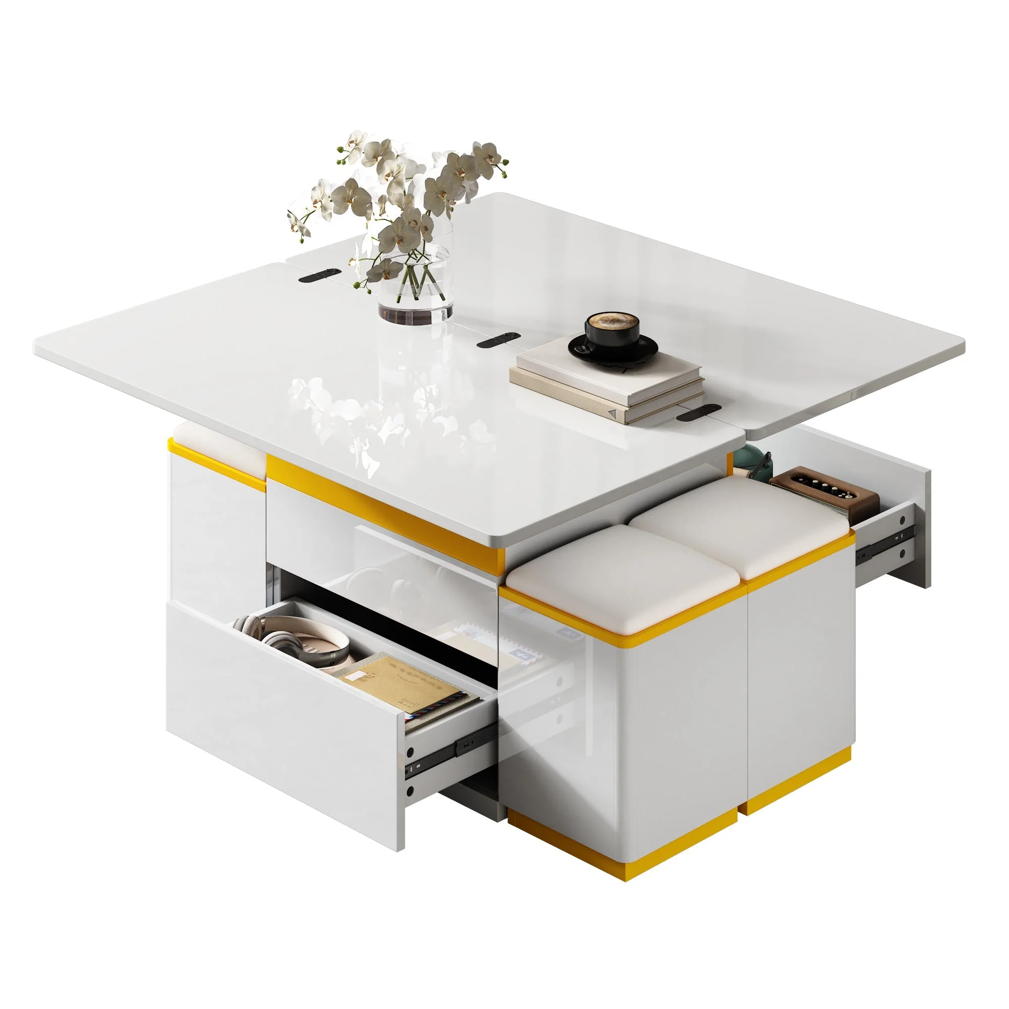 Coffee Table Multifunctional High-Gloss Adjustable Foldable Dining 100x50x43cm - White - Image 3