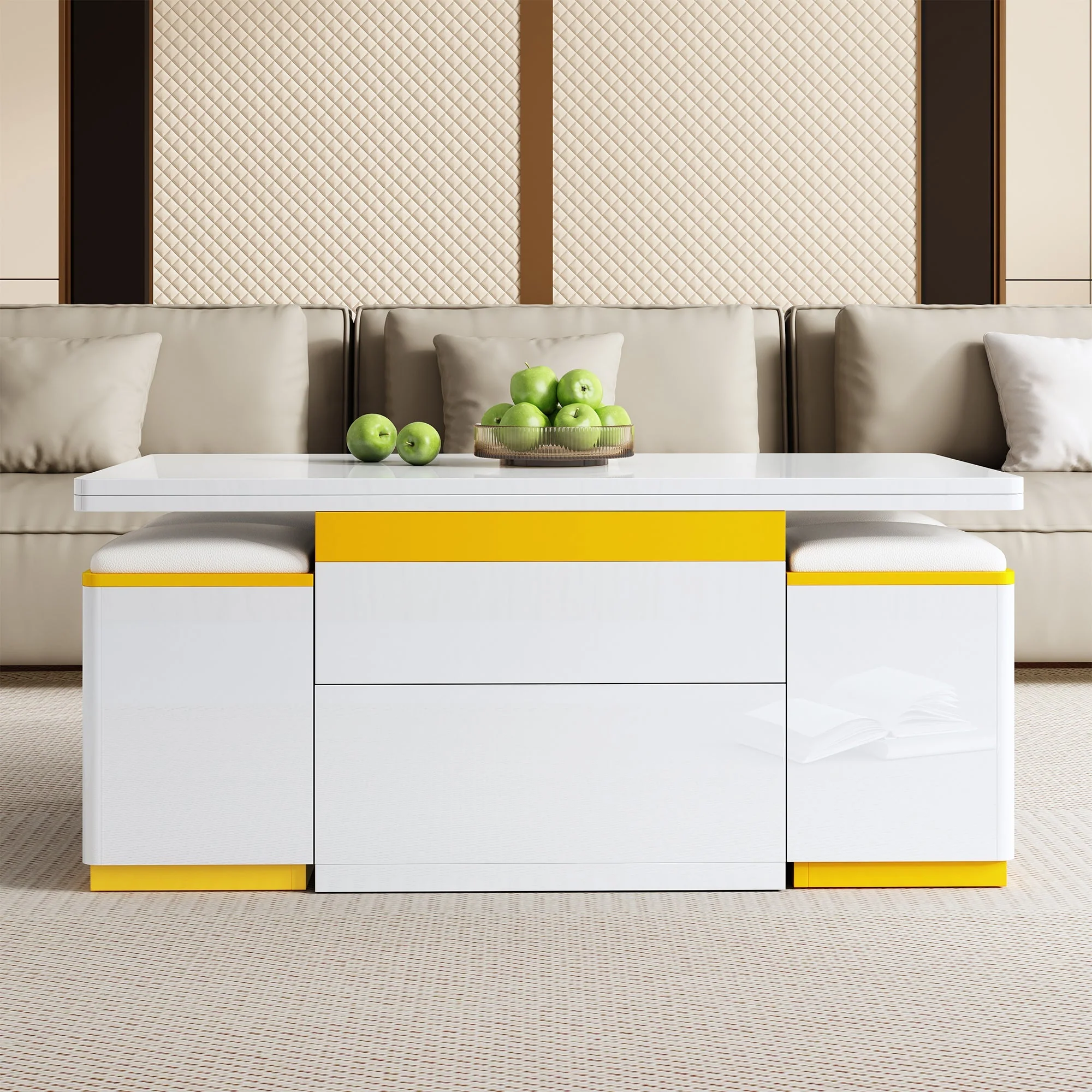Coffee Table Multifunctional High-Gloss Adjustable Foldable Dining 100x50x43cm - White - Image 9