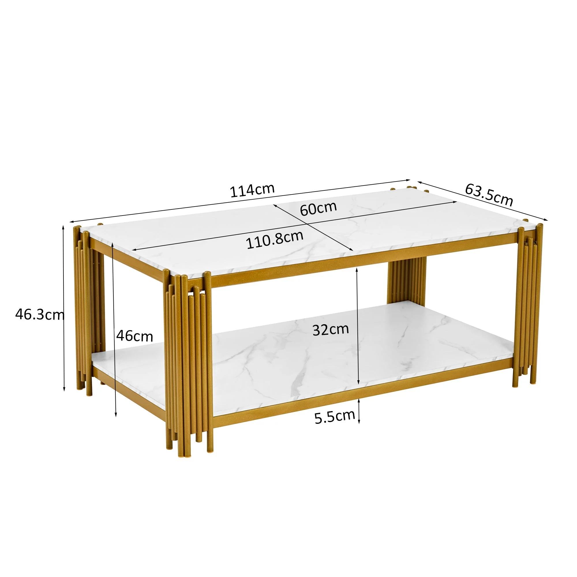 Coffee Table Rectangular Marble Effect Metal Legs - White/Gold - Image 2