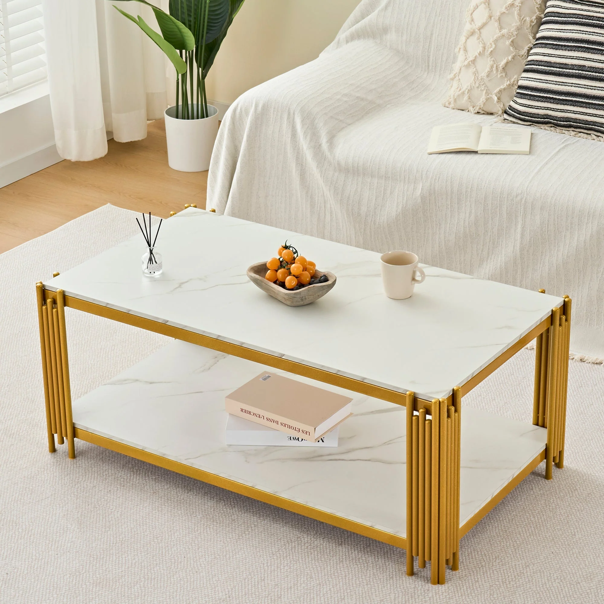 Coffee Table Rectangular Marble Effect Metal Legs - White/Gold - Image 4