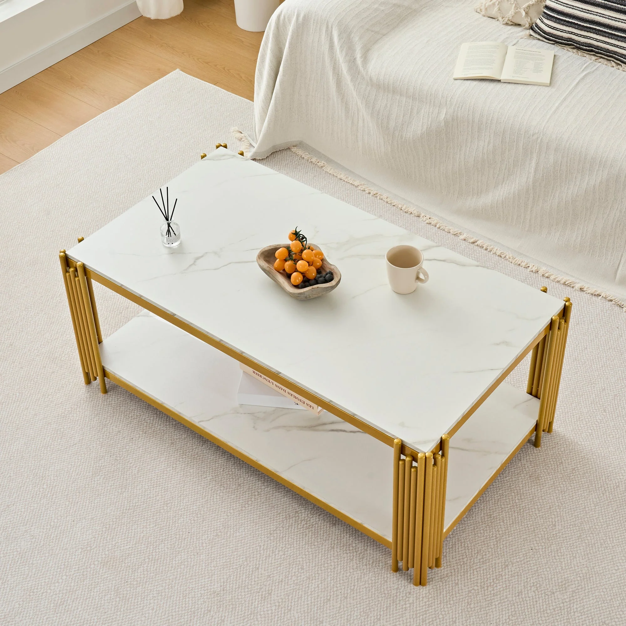Coffee Table Rectangular Marble Effect Metal Legs - White/Gold - Image 5