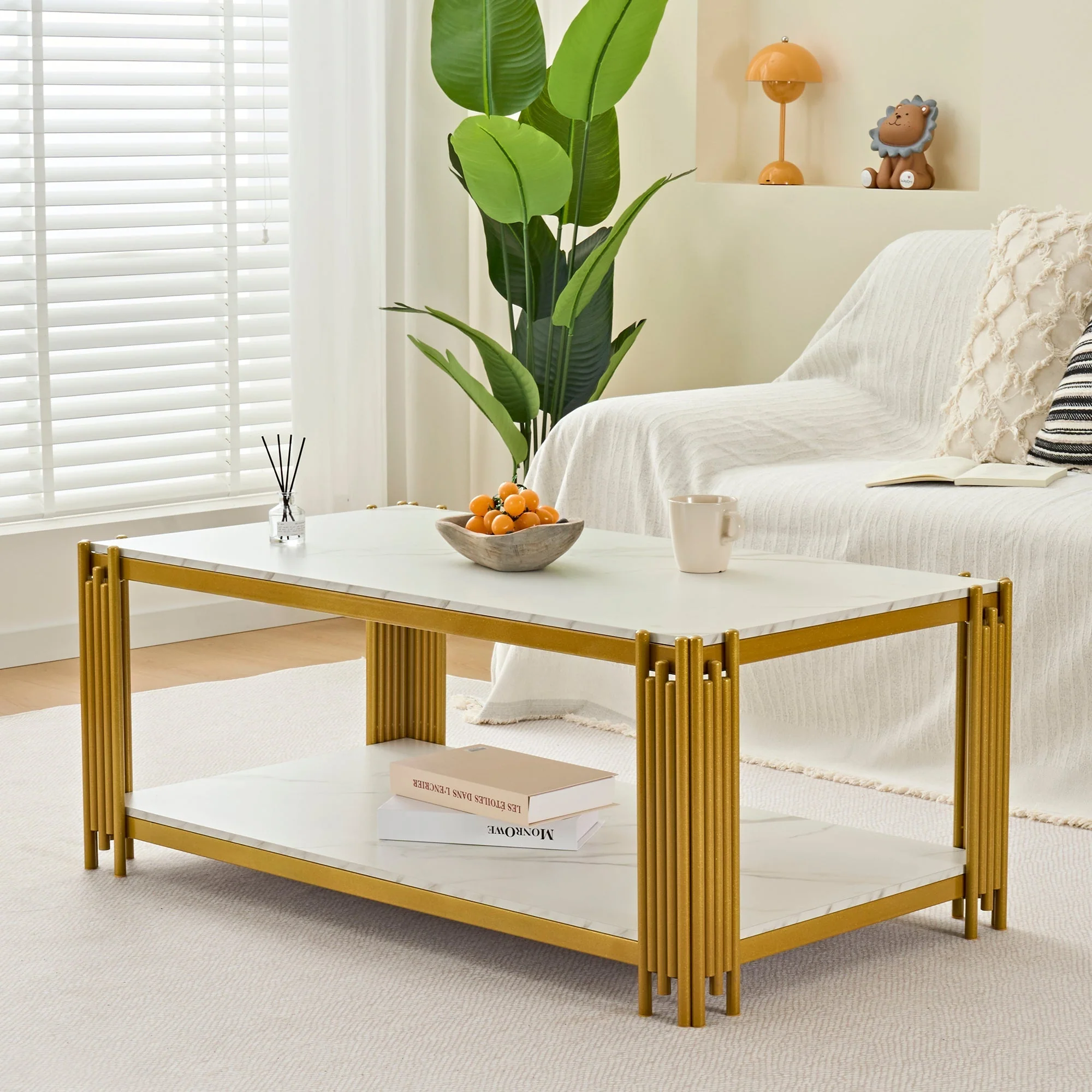Coffee Table Rectangular Marble Effect Metal Legs - White/Gold - Image 6