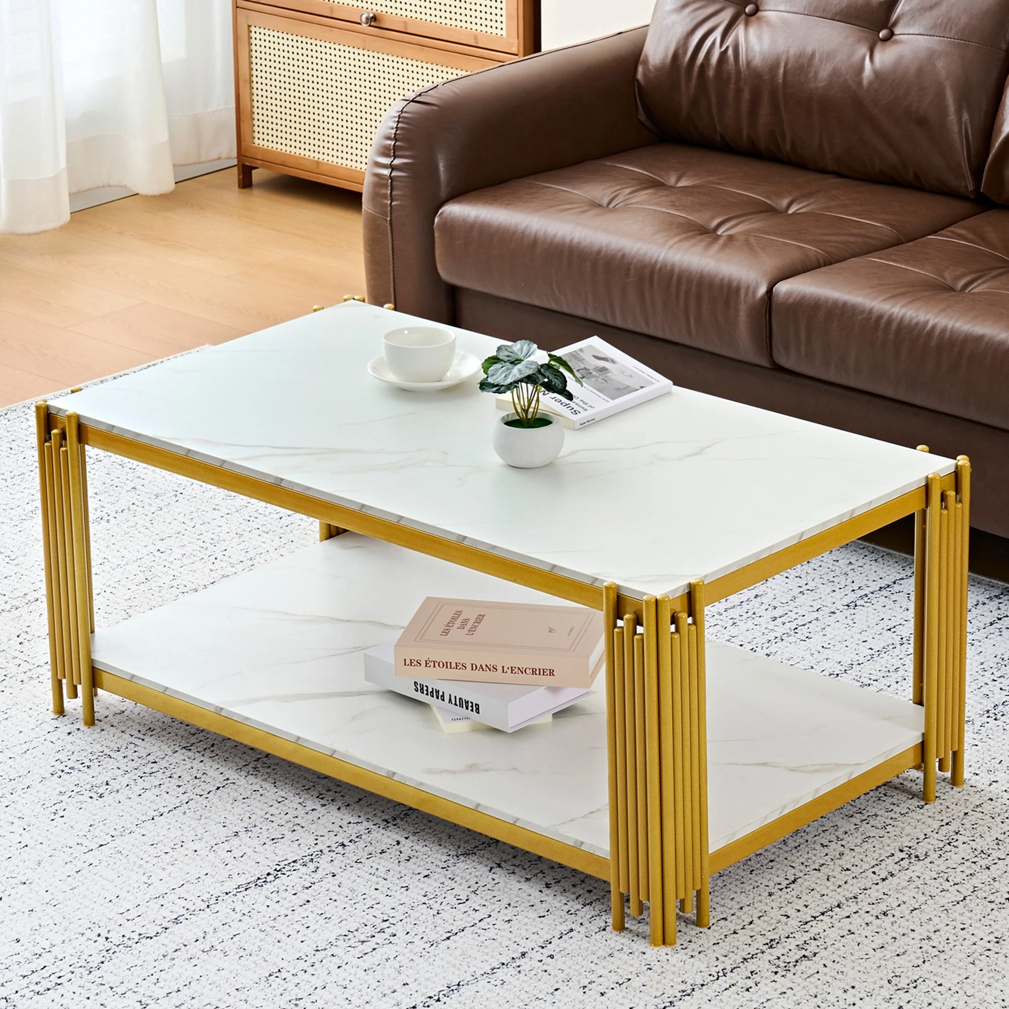 Coffee Table Rectangular Marble Effect Metal Legs - White/Gold - Image 7