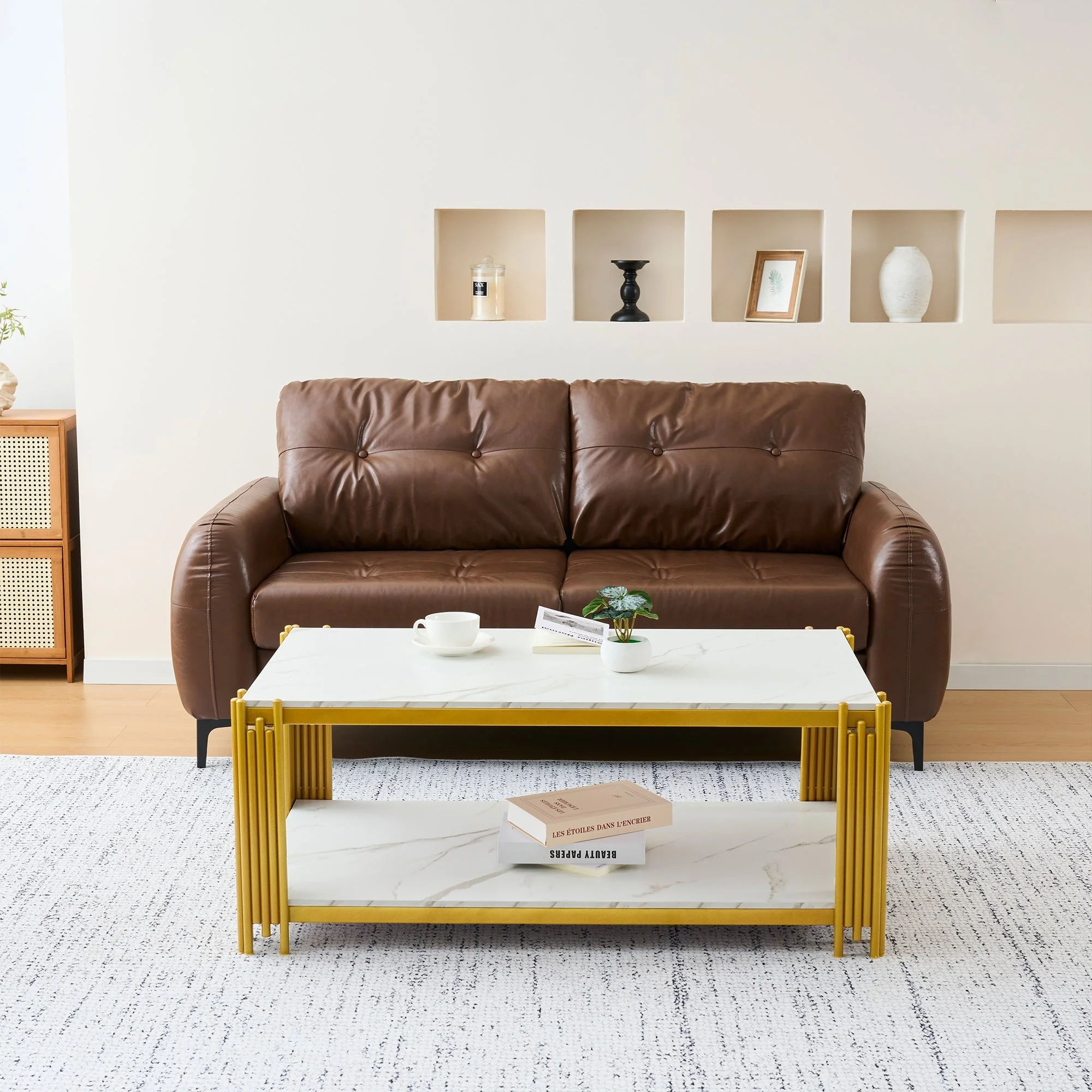 Coffee Table Rectangular Marble Effect Metal Legs - White/Gold - Image 8