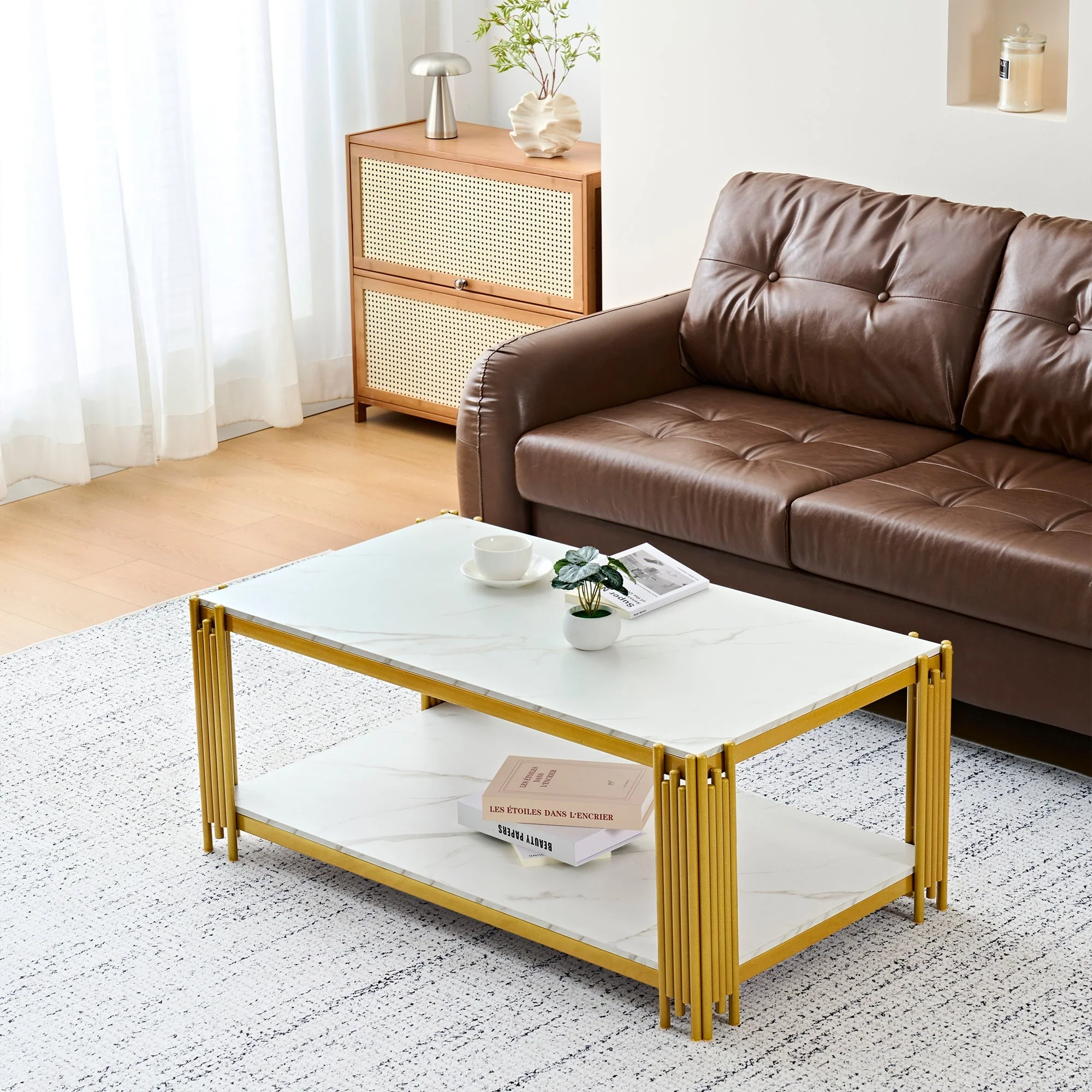 Coffee Table Rectangular Marble Effect Metal Legs - White/Gold - Image 9