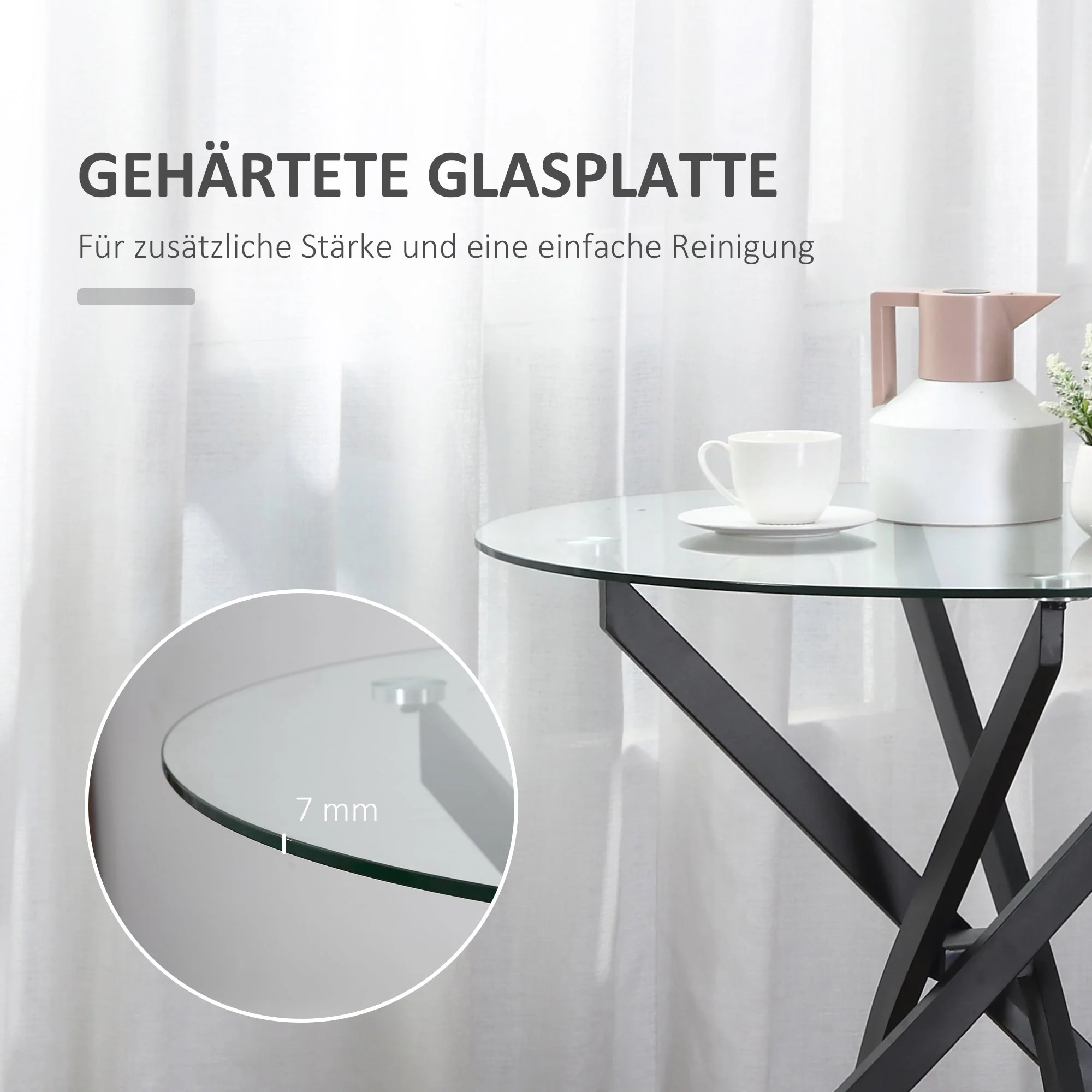 Coffee Table, Round Glass Side Table with Safety Glass, Black Metal Frame - Image 4