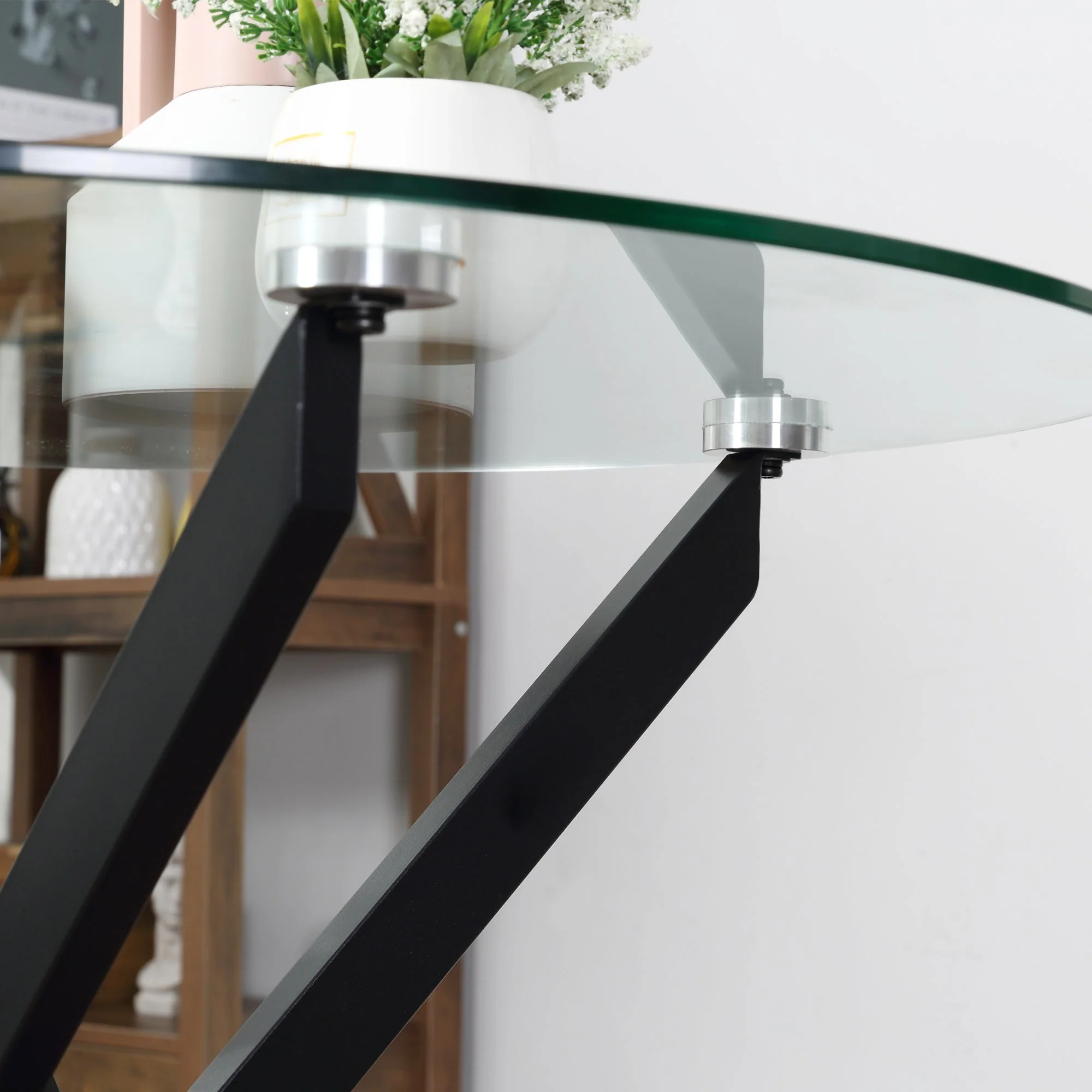 Coffee Table, Round Glass Side Table with Safety Glass, Black Metal Frame - Image 8