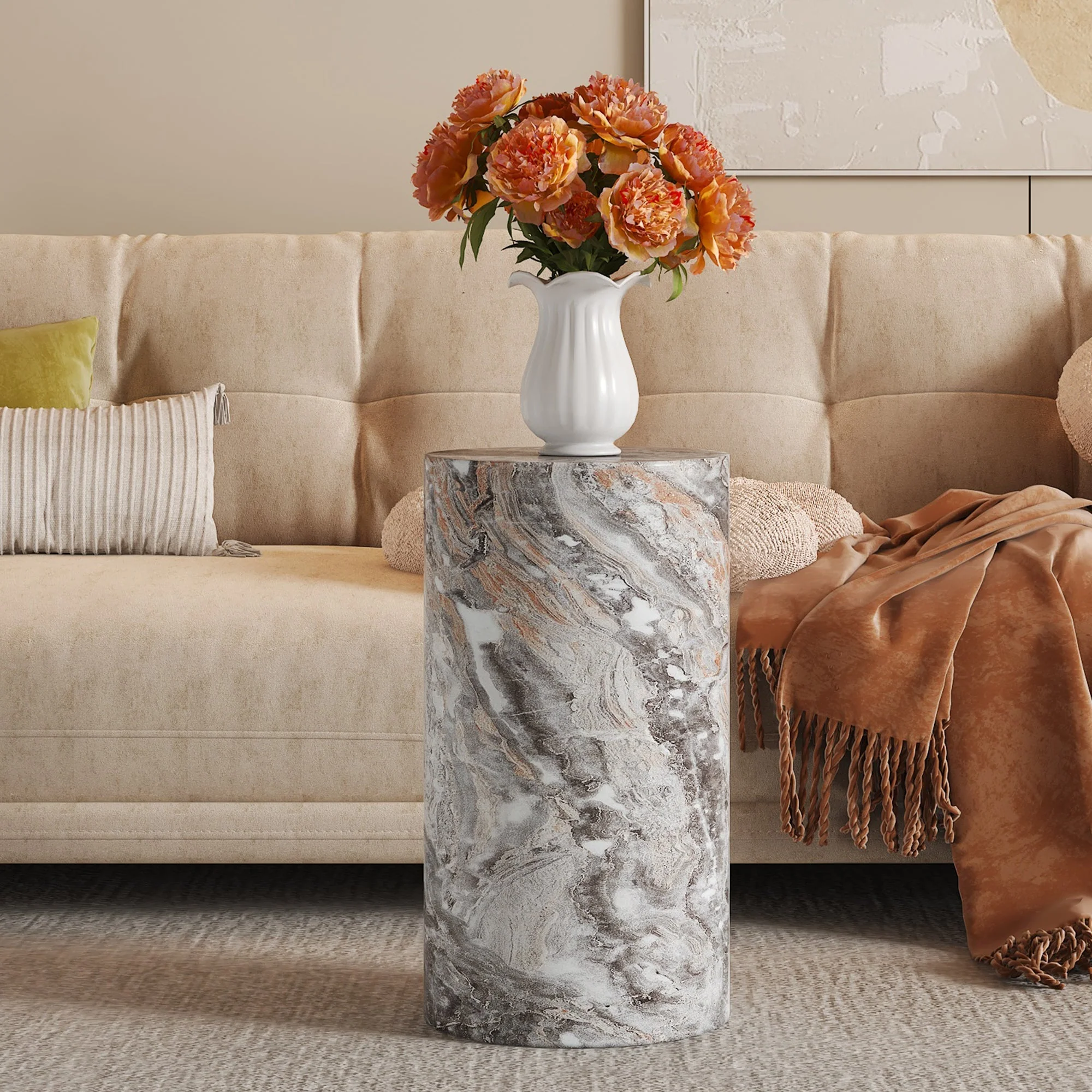 Coffee Table Round MDF Minimalist Design Small Side Table Grey Marble Look