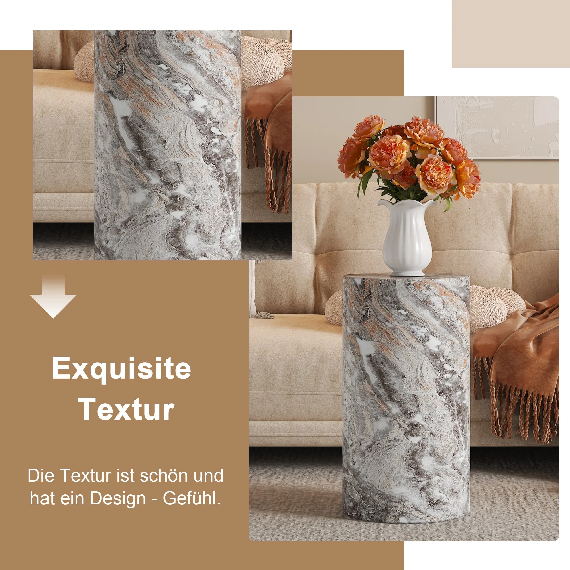 Coffee Table Round MDF Minimalist Design Small Side Table Grey Marble Look - Image 7