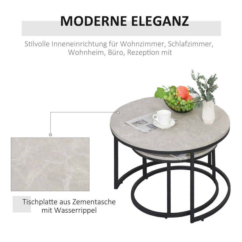 Coffee Table Set - 2 Round Nesting Tables Industrial Metal Frame - Concrete Look/Black - Image 4