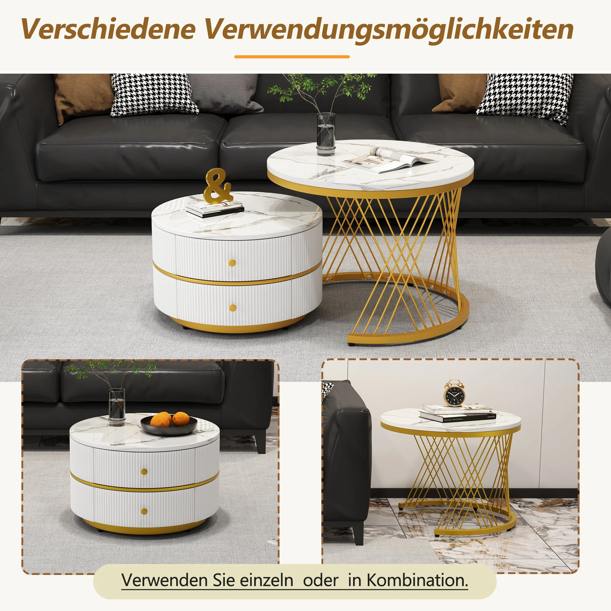 Coffee Table Set Nesting 2-Piece Round Marble Look, 2 Drawers, White - Image 8