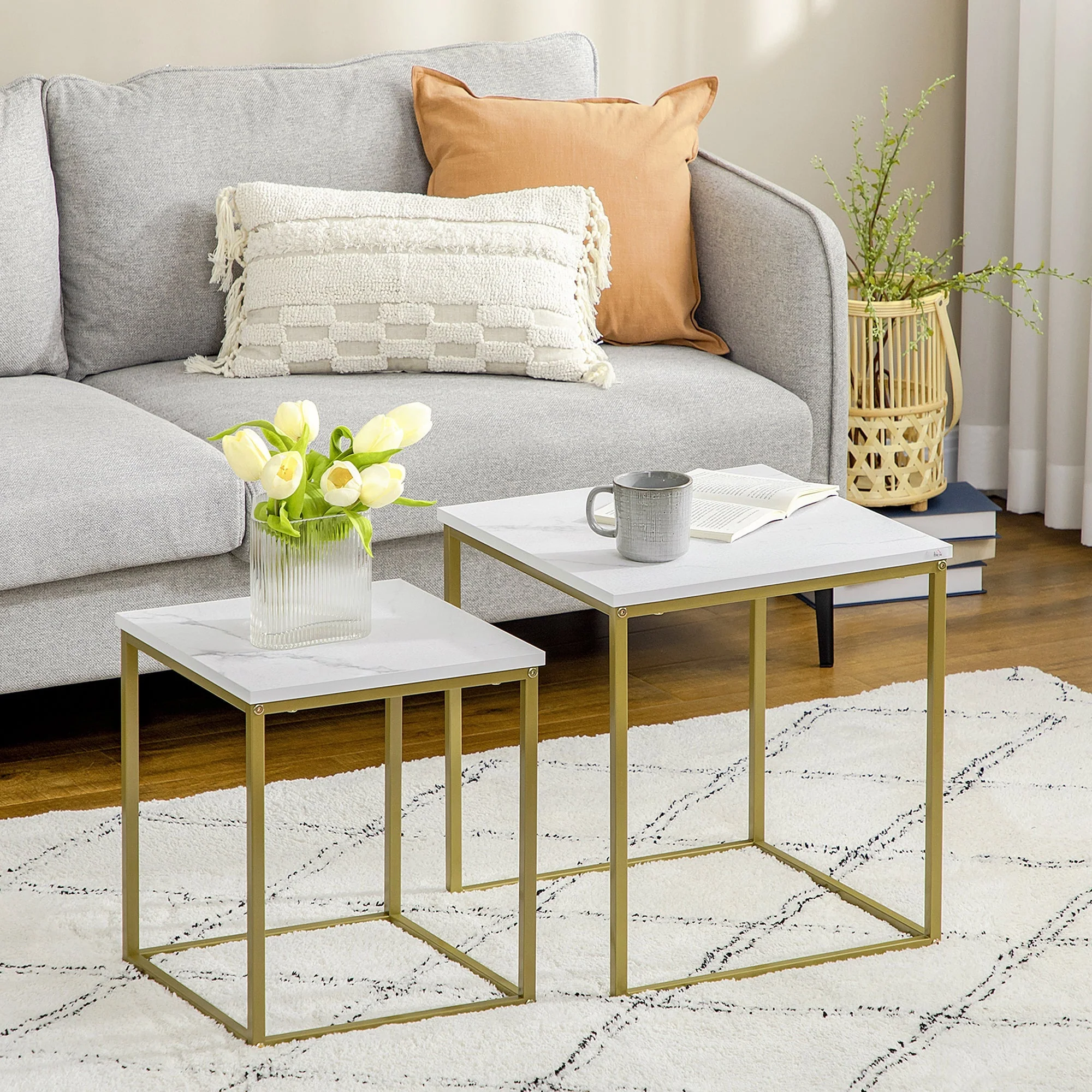 Coffee Table Set, Nesting Side Sofa Tables, Steel Frame, White