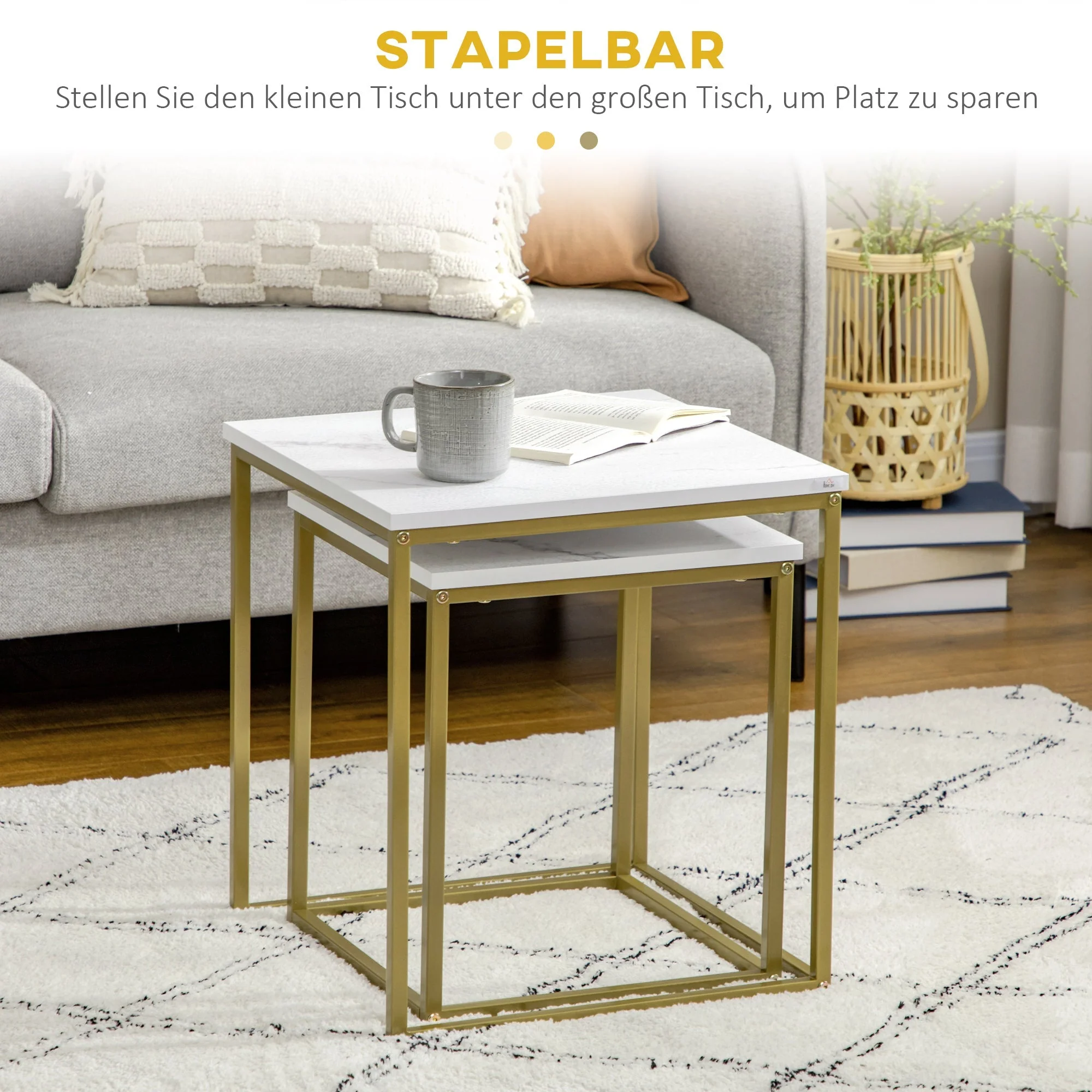 Coffee Table Set, Nesting Side Sofa Tables, Steel Frame, White - Image 4