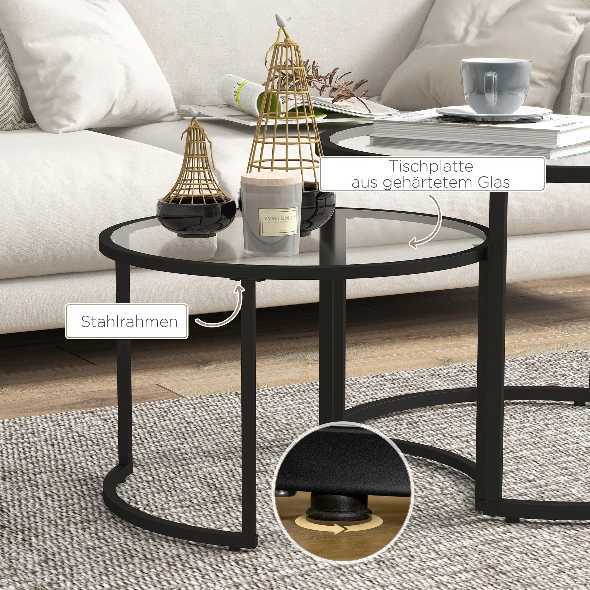 Coffee Table Set of 2, Stackable Side Tables, Black Steel & Tempered Glass - Image 6