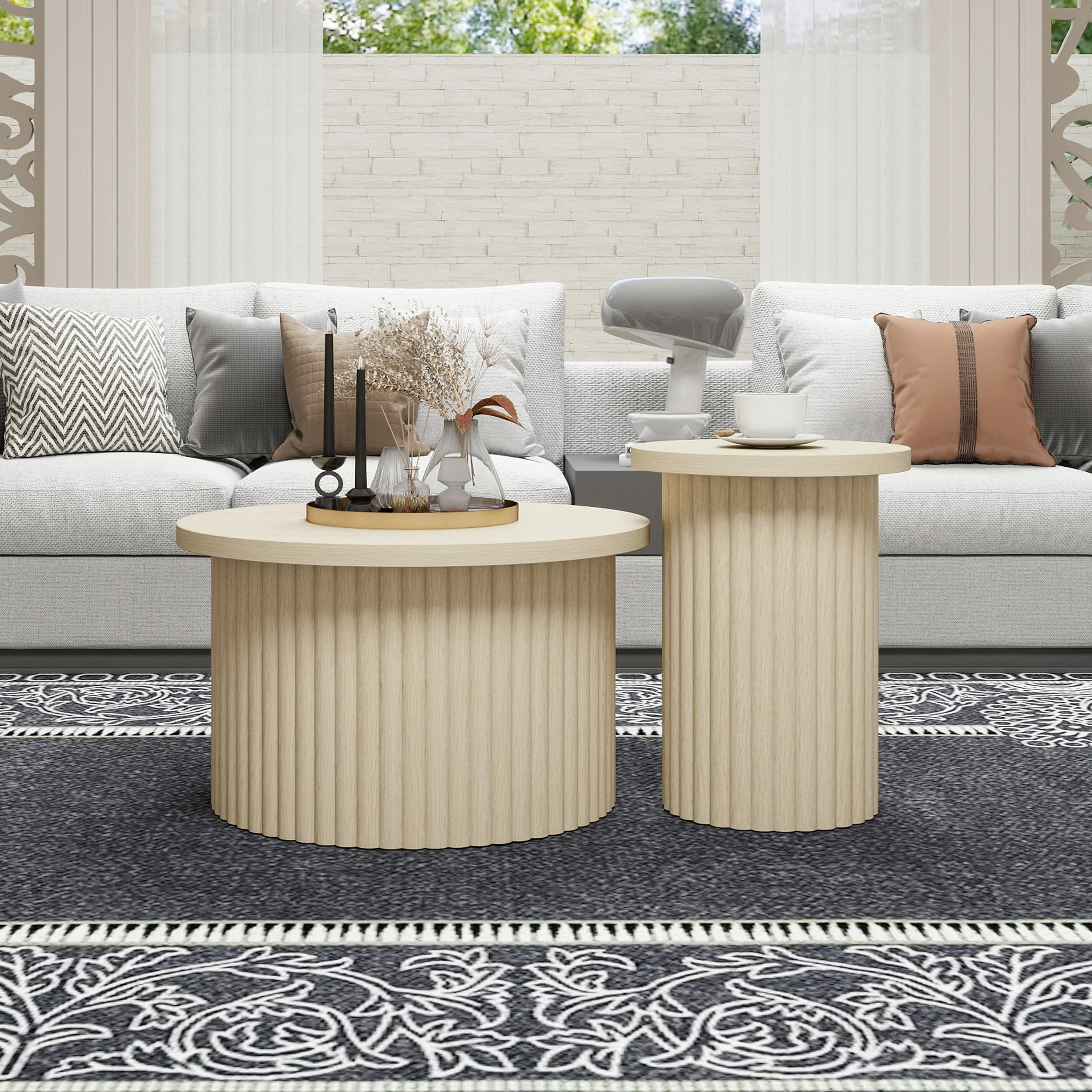 Coffee Table Set, Round 2-Pack Side Table, Natural Wood