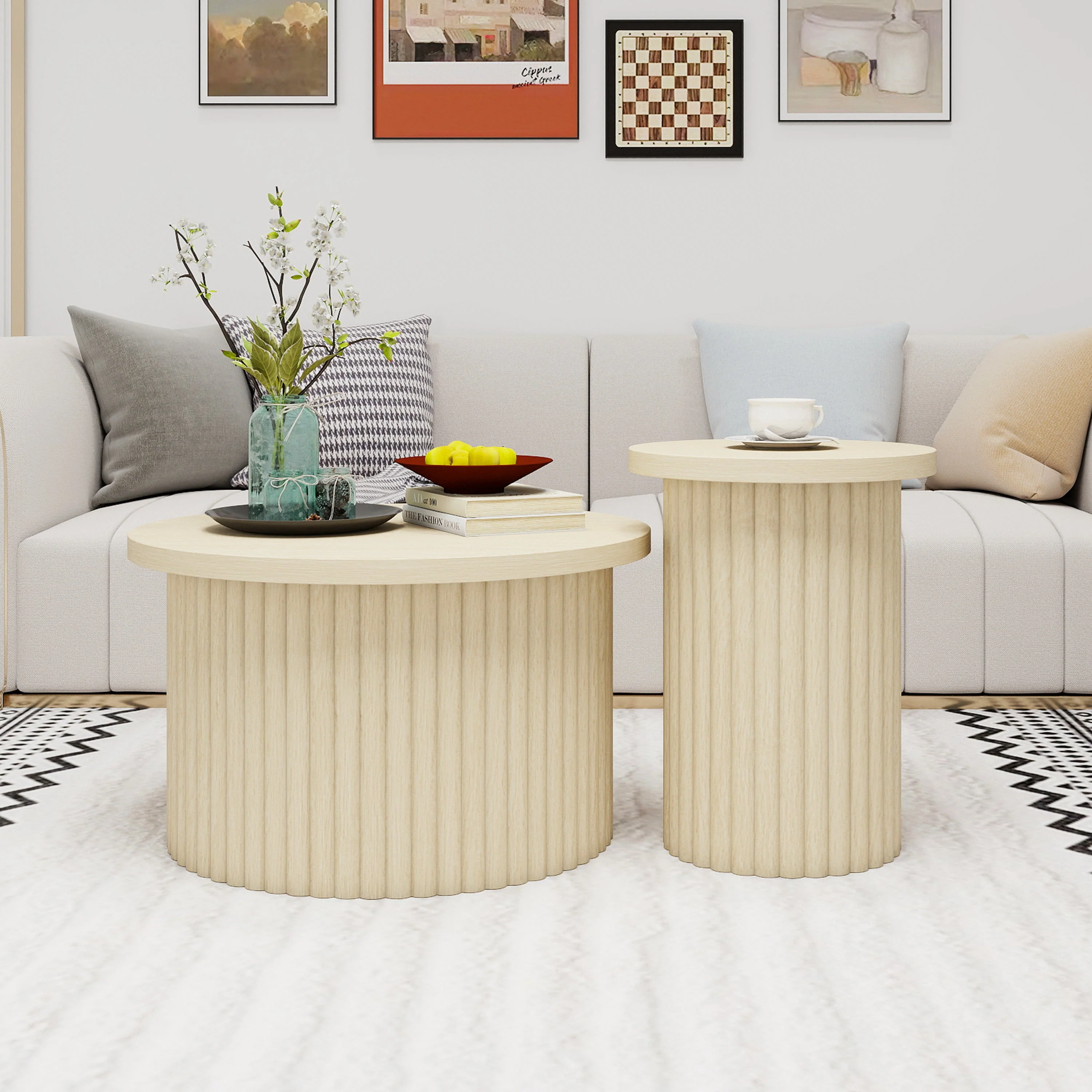 Coffee Table Set, Round 2-Pack Side Table, Natural Wood - Image 6