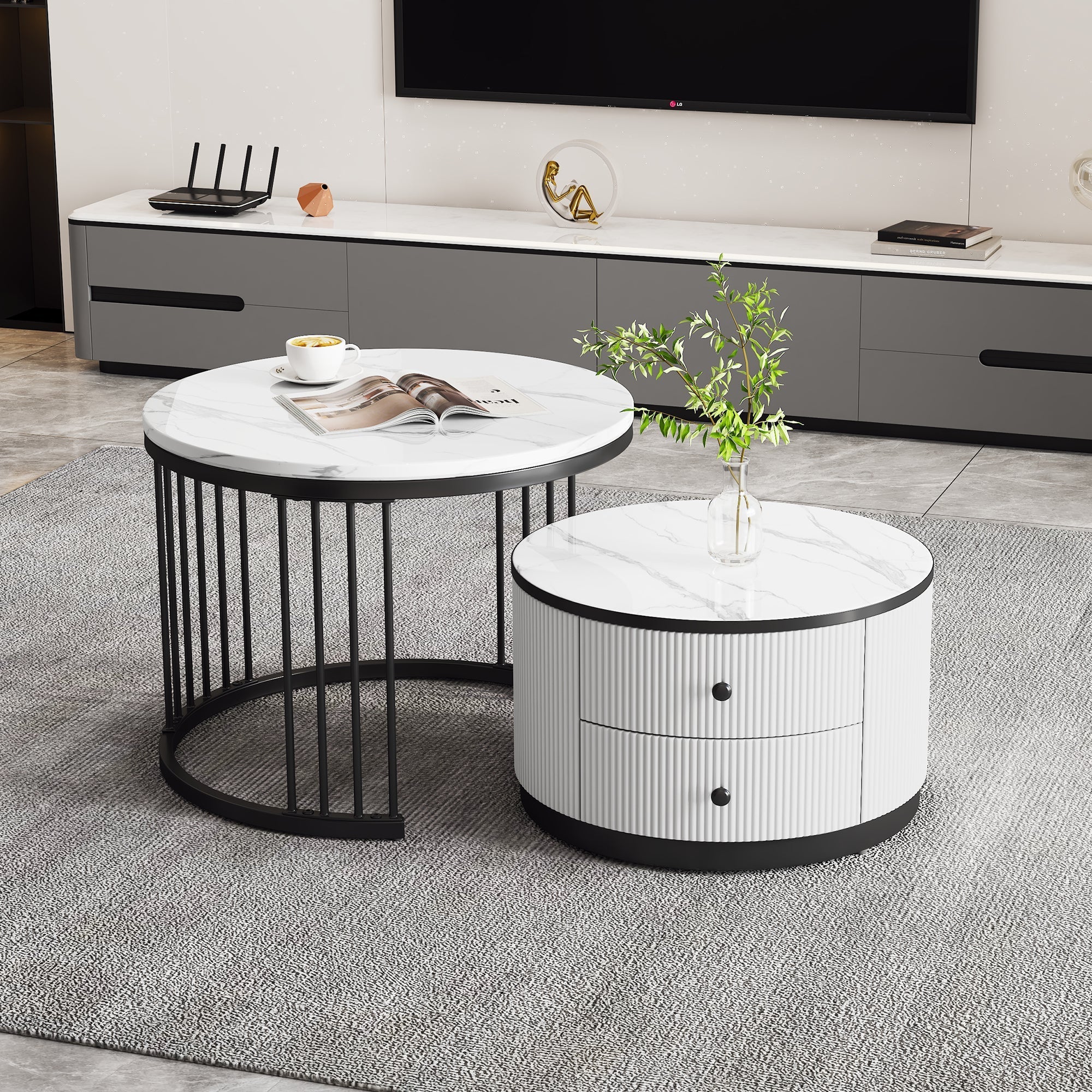 Coffee Table Set, Round Nesting with Drawers, White Marble Look - Image 4