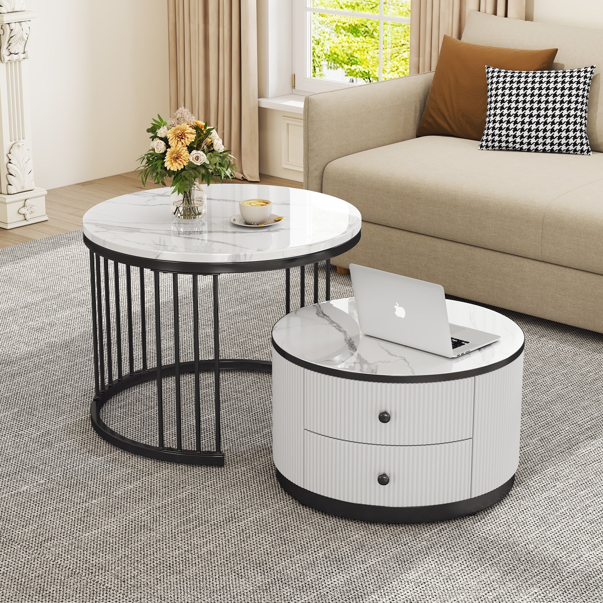 Coffee Table Set, Round Nesting with Drawers, White Marble Look - Image 5