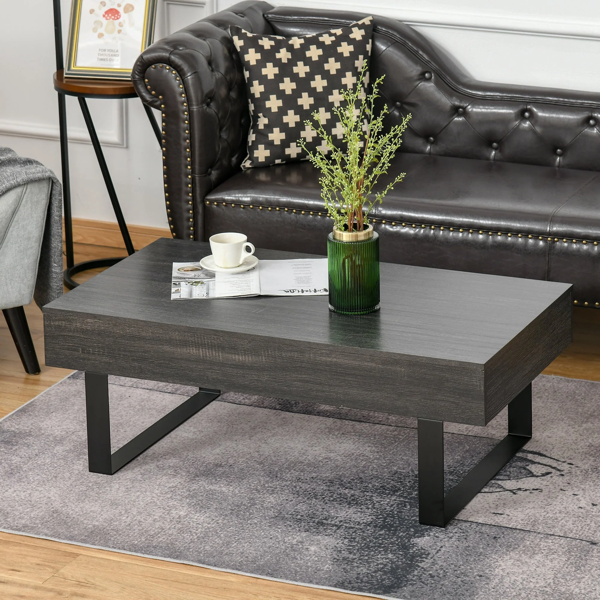 Coffee table side table with drawer & shelves, sturdy steel frame, modern design